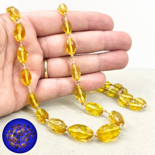 Vintage 29” Long Yellow Amber Faceted Glass Hand Knotted Bead Necklace Graduated Orange Cadmium UV Reactive Glow Jewellery TheGreenGlassGemShop