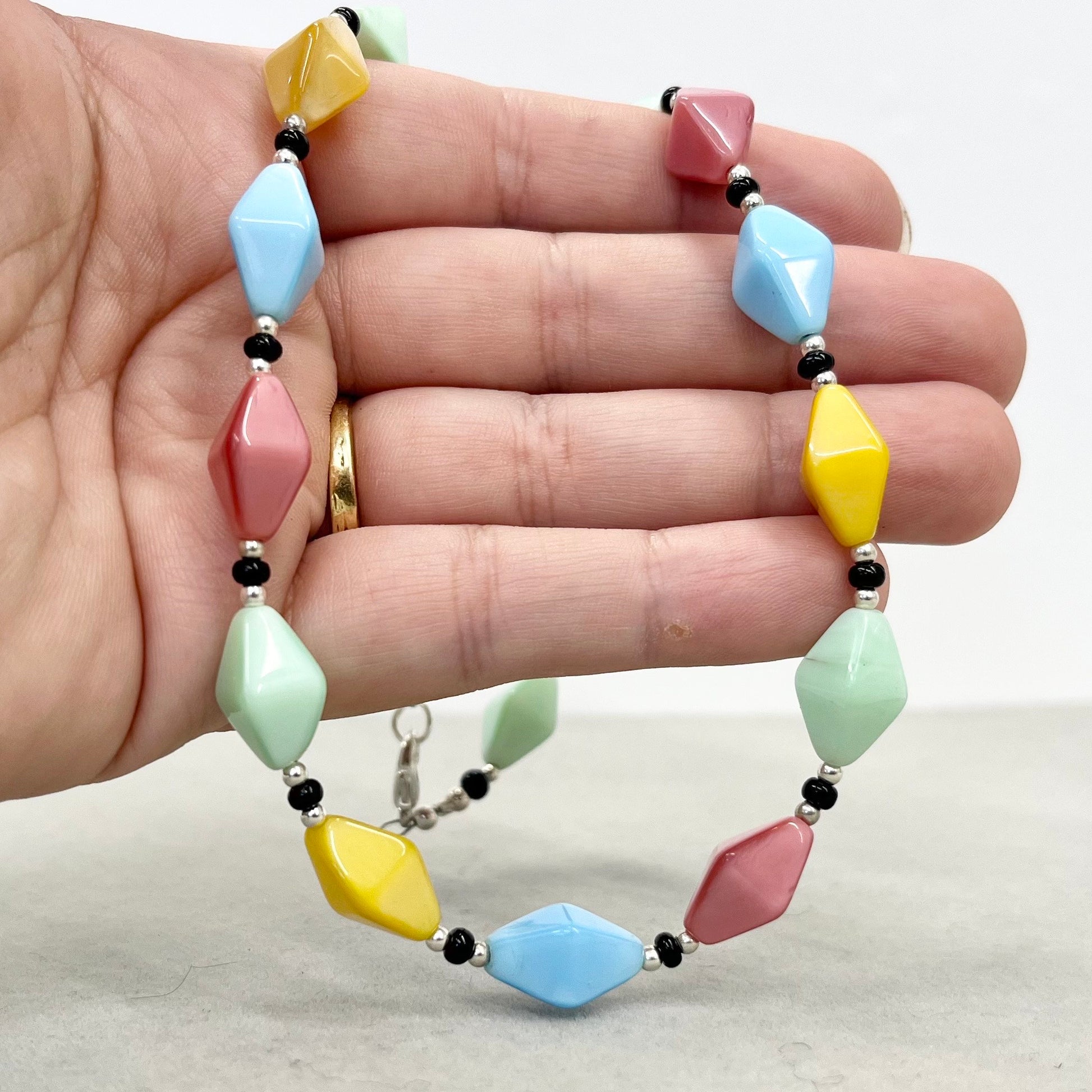 Vintage Multi Coloured Glass Bicone Bead Necklace Blue Pink Green Yellow with a Cadmium and Manganese UV Reactive Glow Jewellery 18” TheGreenGlassGemShop