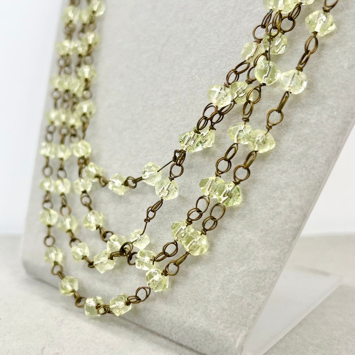 Vintage 76” Long Uranium Glass Bead Necklace Dainty Flapper Beaded Chain Link UV Reactive Glow Jewellery TheGreenGlassGemShop