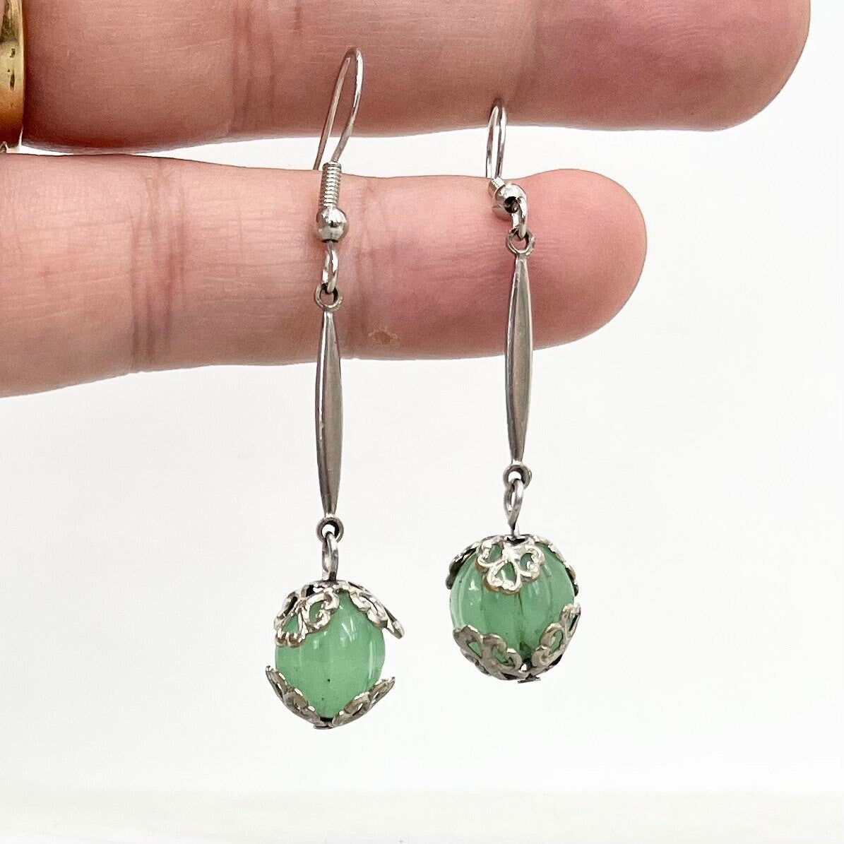 Vintage Art Deco Green Uranium Melon Glass Bead Earrings Silver Plate Links UV Reactive Glow Jewellery TheGreenGlassGemShop