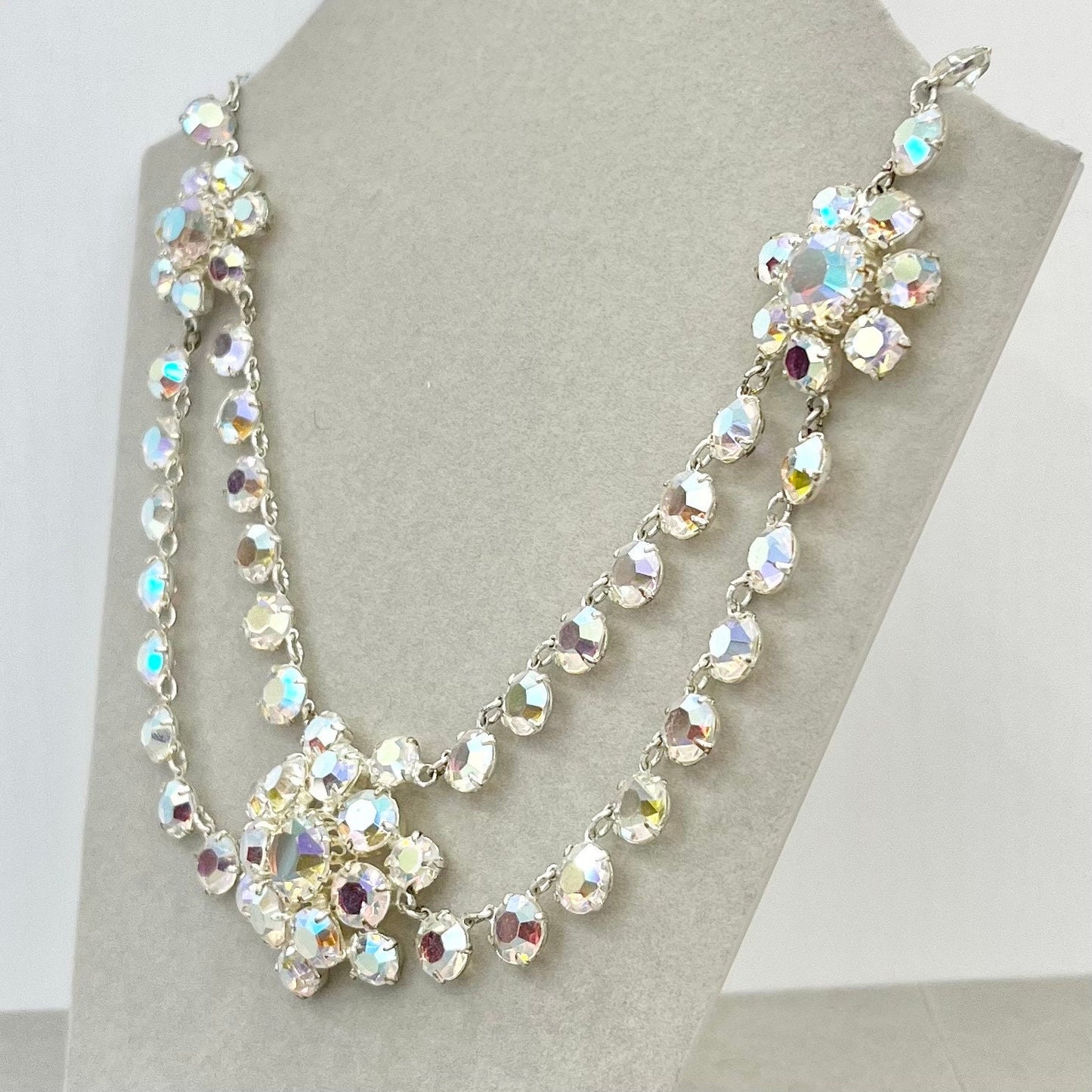 Vintage 1950’s - 1960’s Aurora Borealis Crystal Necklace Two Strand Three Flower Swag Design Super Sparkling TheGreenGlassGemShop