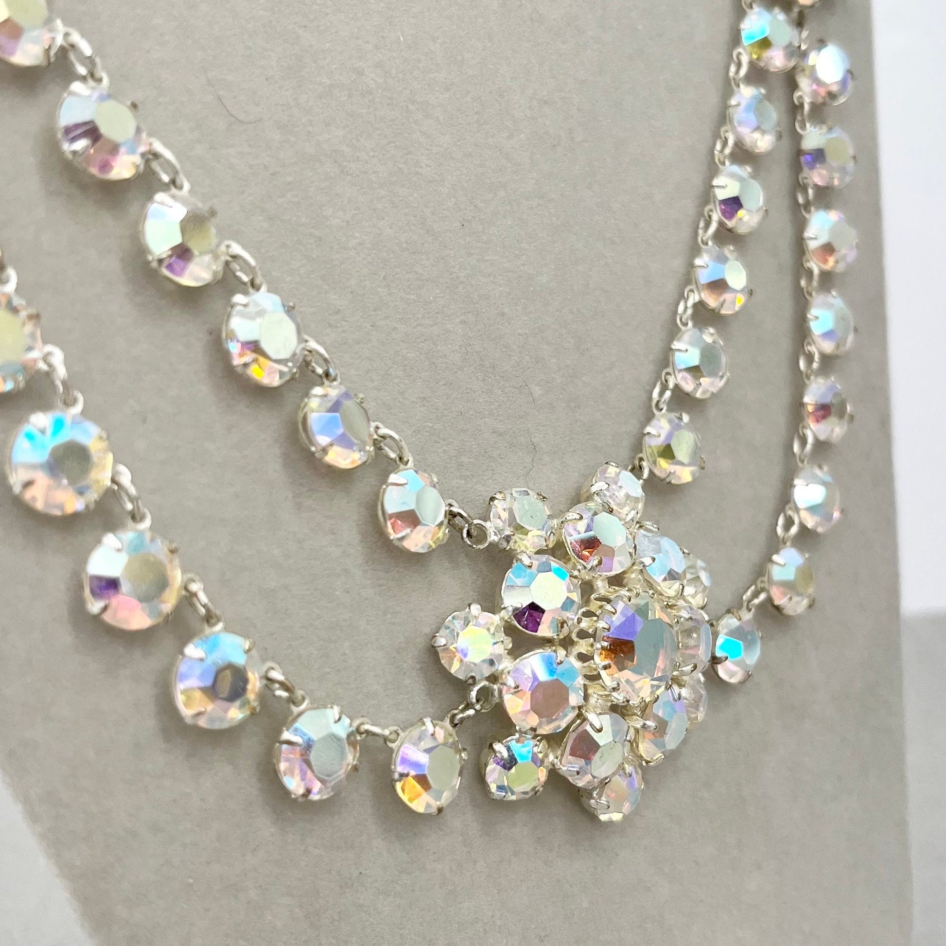 Vintage 1950’s - 1960’s Aurora Borealis Crystal Necklace Two Strand Three Flower Swag Design Super Sparkling TheGreenGlassGemShop