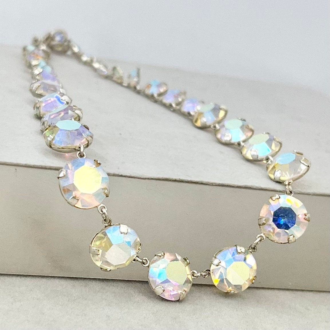 Vintage 1950’s - 1960’s Aurora Borealis Crystal Necklace Single Strand Crystal Chain Super Sparkling TheGreenGlassGemShop