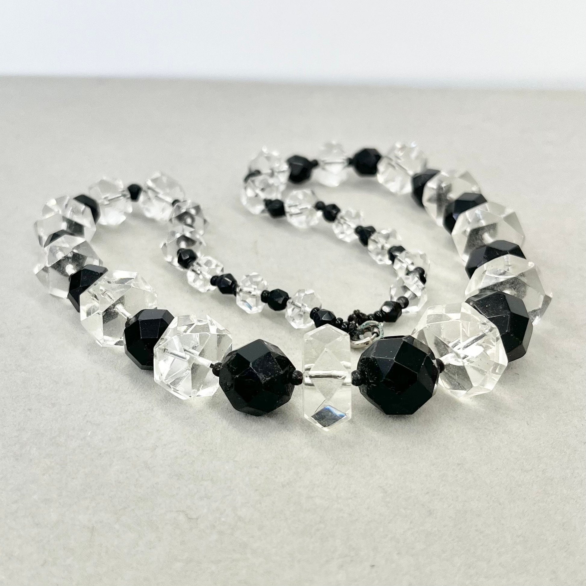 Art Deco 1930’s Long Clear Glass Rondelle Bead Necklace with Alternating Black Bead La Chunky Vintage Jewellery TheGreenGlassGemShop