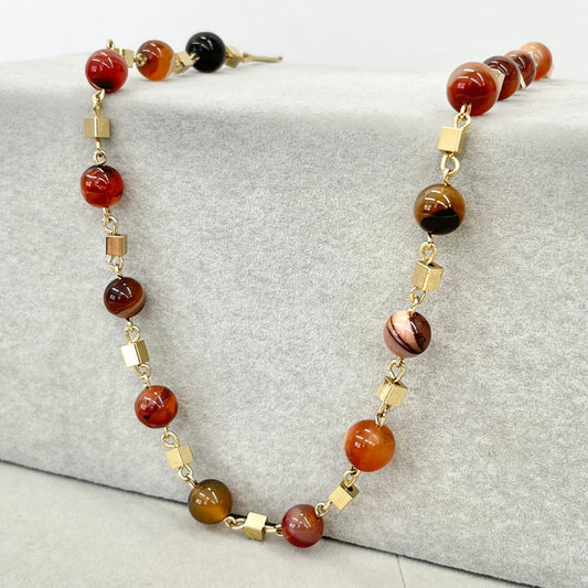 Vintage Long Orange Stripe Agate Necklace with Cube Beads Vintage Jewellery 24” Long TheGreenGlassGemShop