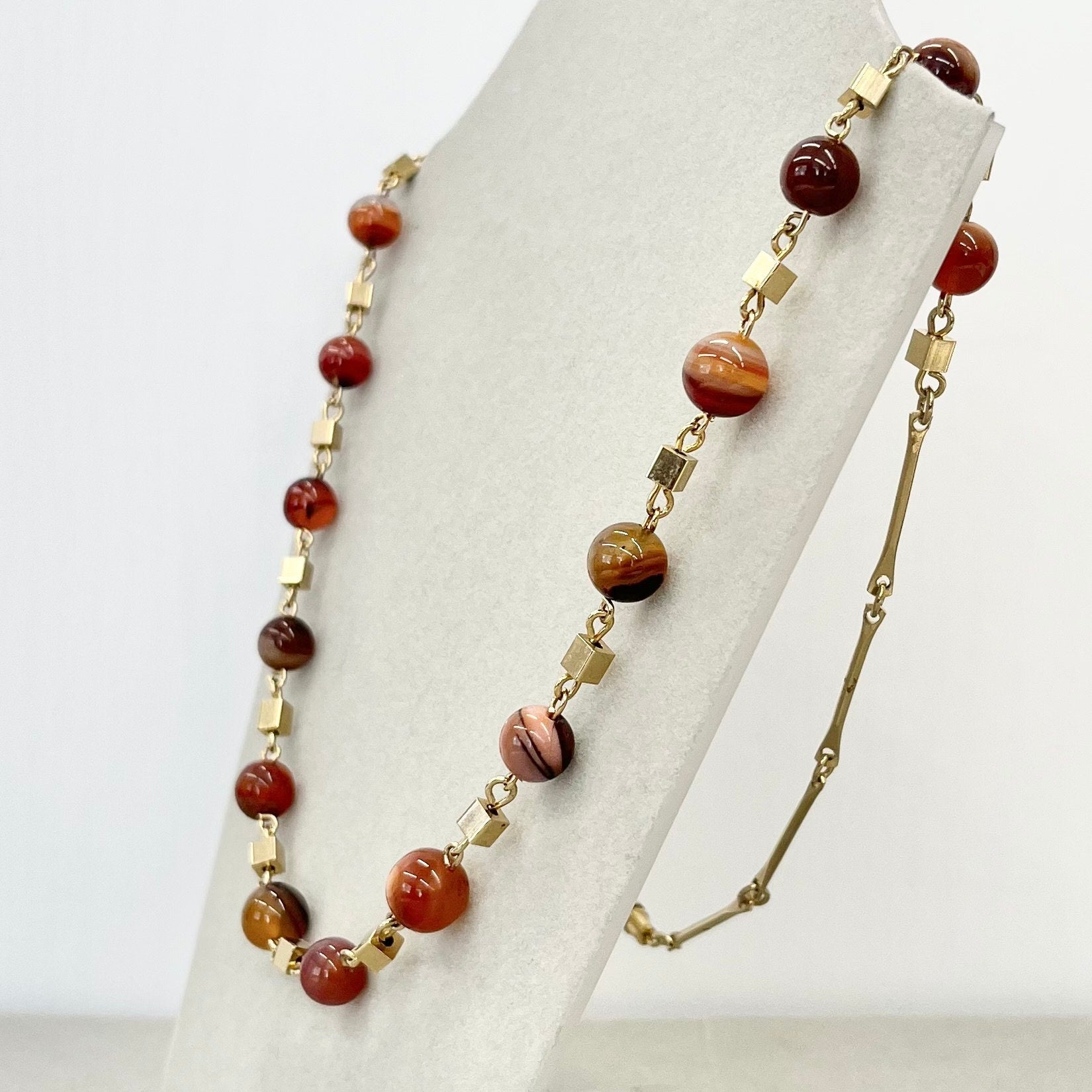 Vintage Long Orange Stripe Agate Necklace with Cube Beads Vintage Jewellery 24” Long TheGreenGlassGemShop