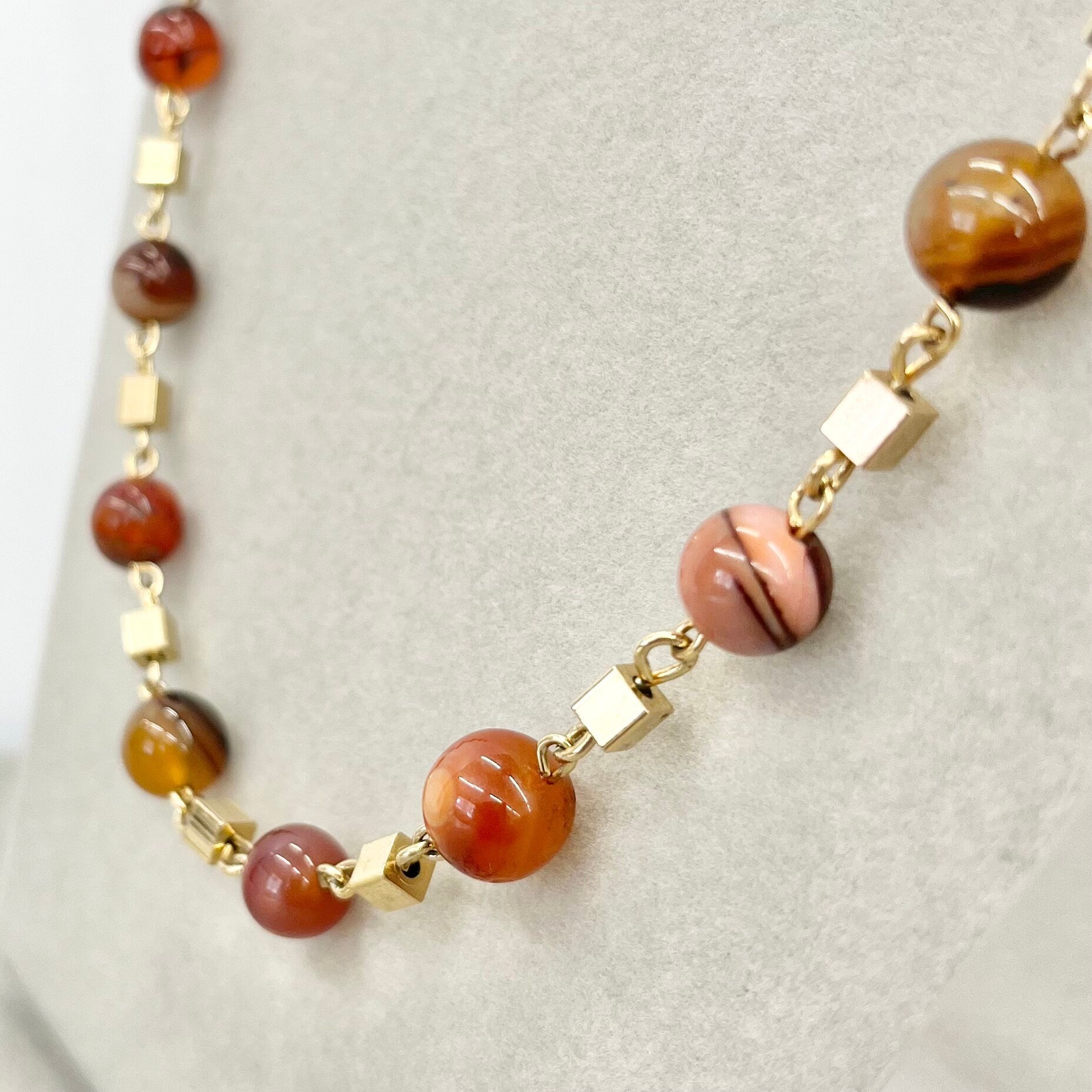 Vintage Long Orange Stripe Agate Necklace with Cube Beads Vintage Jewellery 24” Long TheGreenGlassGemShop