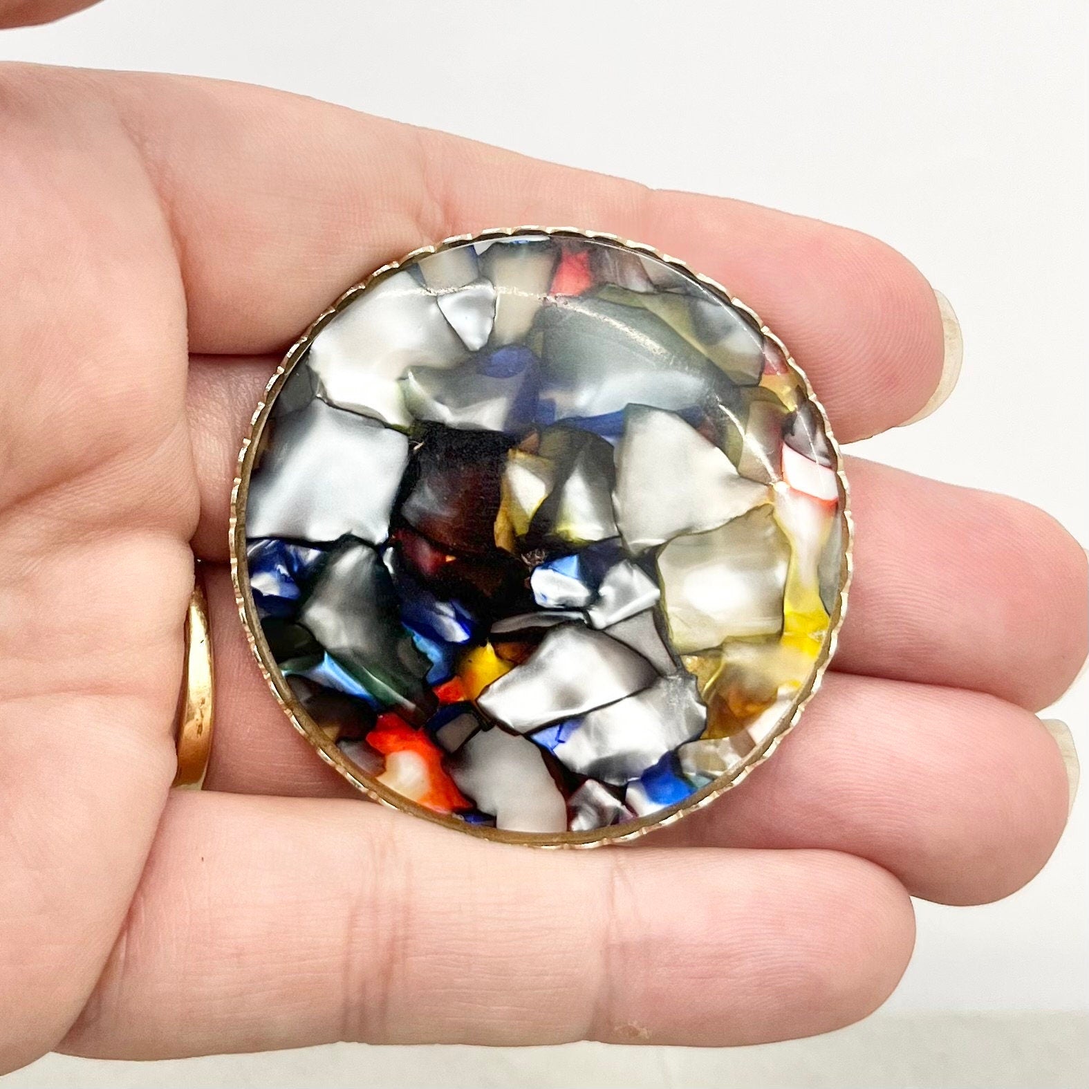 Vintage Multi Coloured Resin Chip Brooch Flat Round in Shape Large Size TheGreenGlassGemShop