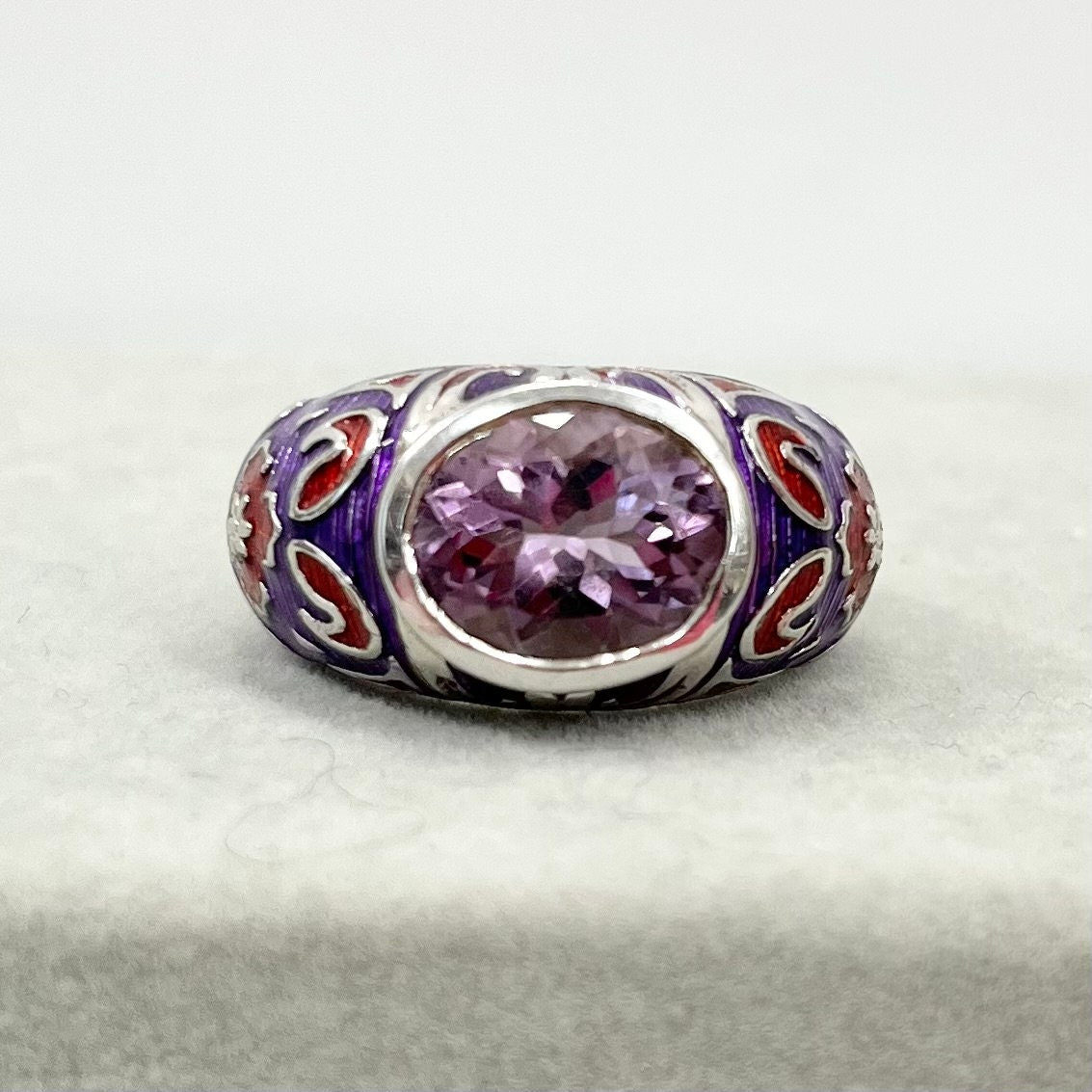 Vintage Enamelled Ethnic Style Ring Sterling Silver in Red & Purple Tones Size UK R 1/2 / US 9 TheGreenGlassGemShop