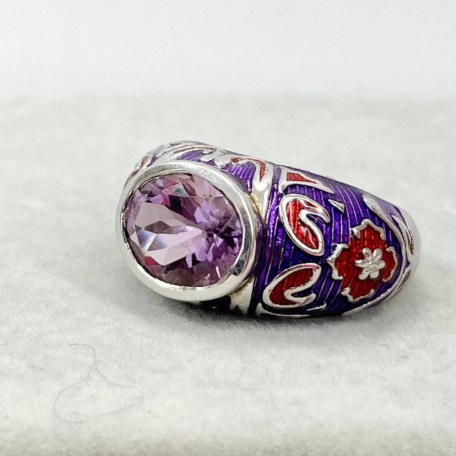 Vintage Enamelled Ethnic Style Ring Sterling Silver in Red & Purple Tones Size UK R 1/2 / US 9 TheGreenGlassGemShop