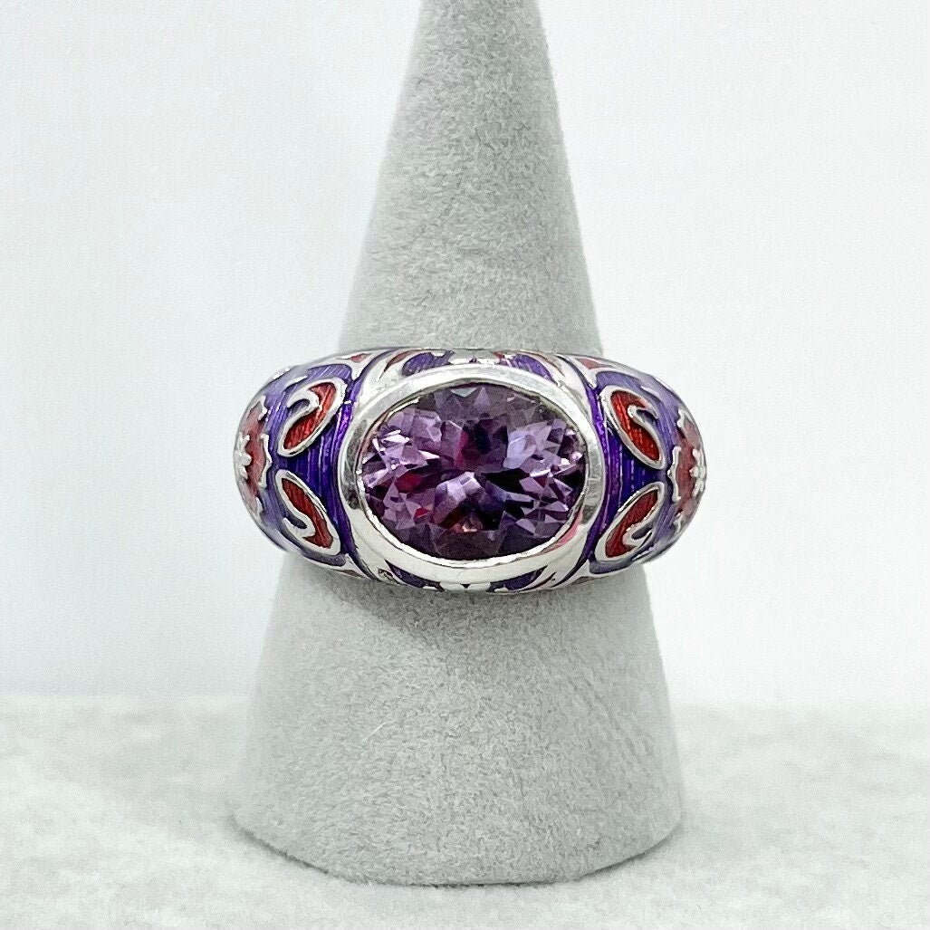 Vintage Enamelled Ethnic Style Ring Sterling Silver in Red & Purple Tones Size UK R 1/2 / US 9 TheGreenGlassGemShop