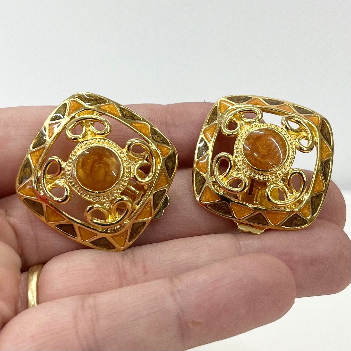 Vintage Square Enamel Clip On Earrings Brown Goldwith Faux Pearl Centre 1980’s - 1990’s Brand New Vintage Dead Stock TheGreenGlassGemShop