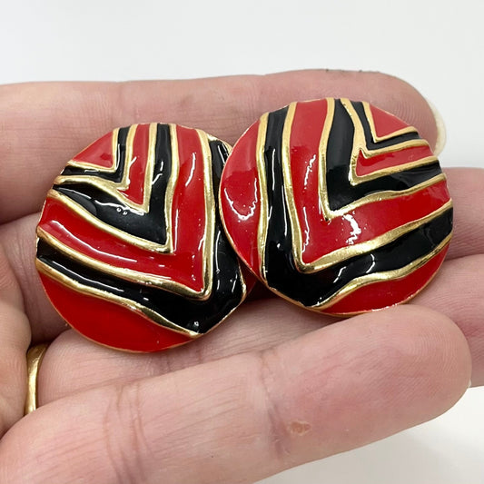 Vintage Enamel Black & Red Clip On Earrings Round Shaped in a Gold Tone Setting 1980’s - 1990’s Brand New Vintage Dead Stock TheGreenGlassGemShop