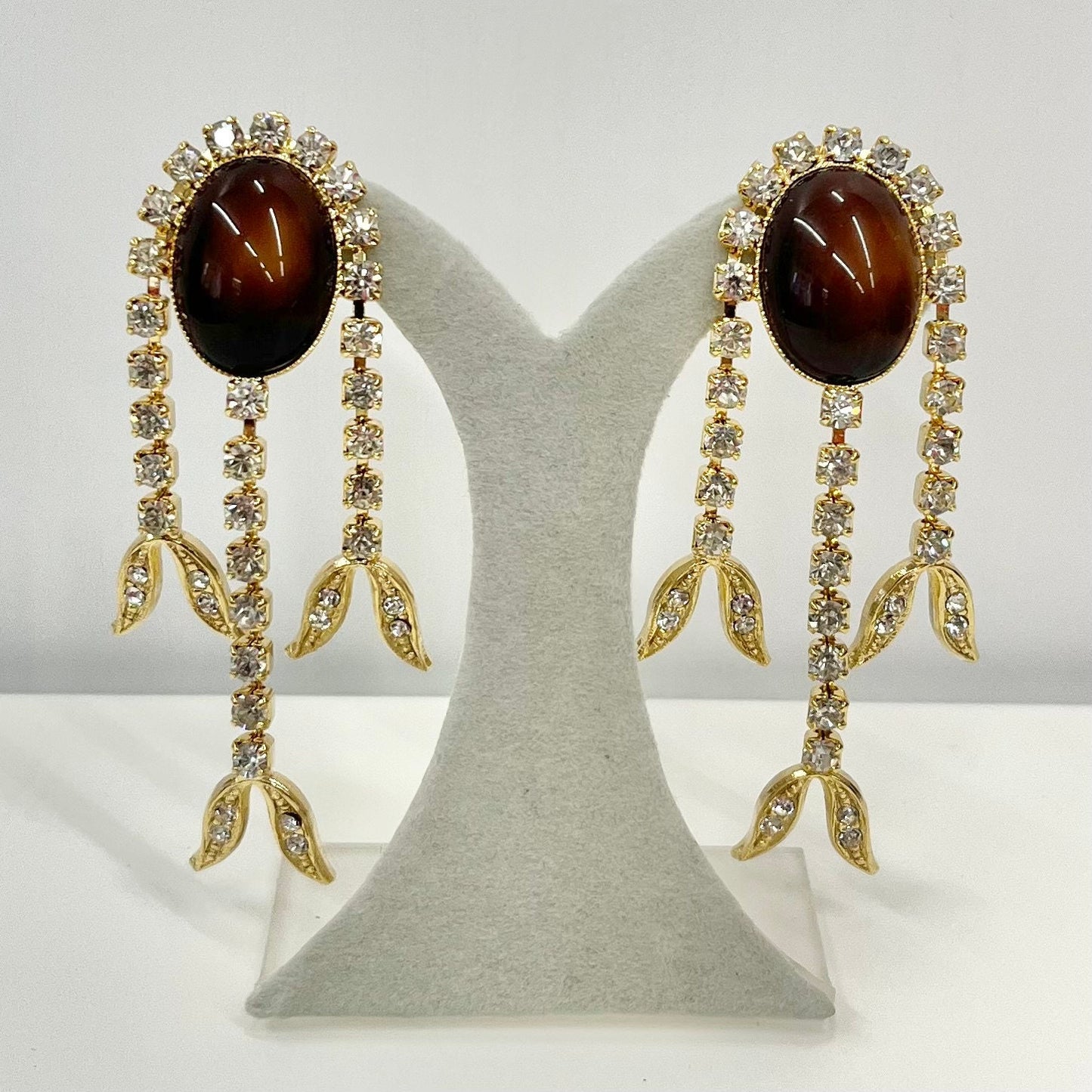 Vintage Gold Tone Faux Tigers Eye Brown Clip On Drop Earrings with Crystal Drops 1970’s - 1980’s Brand New Vintage Dead Stock TheGreenGlassGemShop