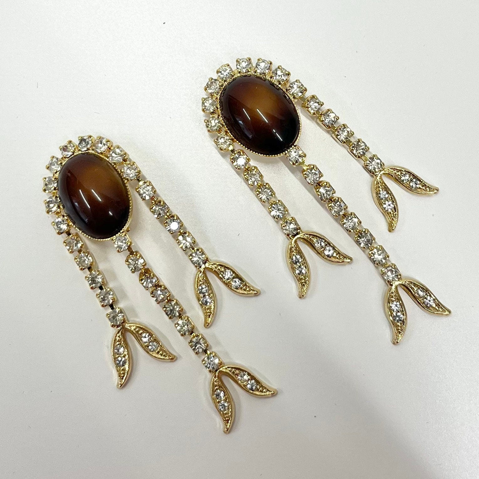 Vintage Gold Tone Faux Tigers Eye Brown Clip On Drop Earrings with Crystal Drops 1970’s - 1980’s Brand New Vintage Dead Stock TheGreenGlassGemShop