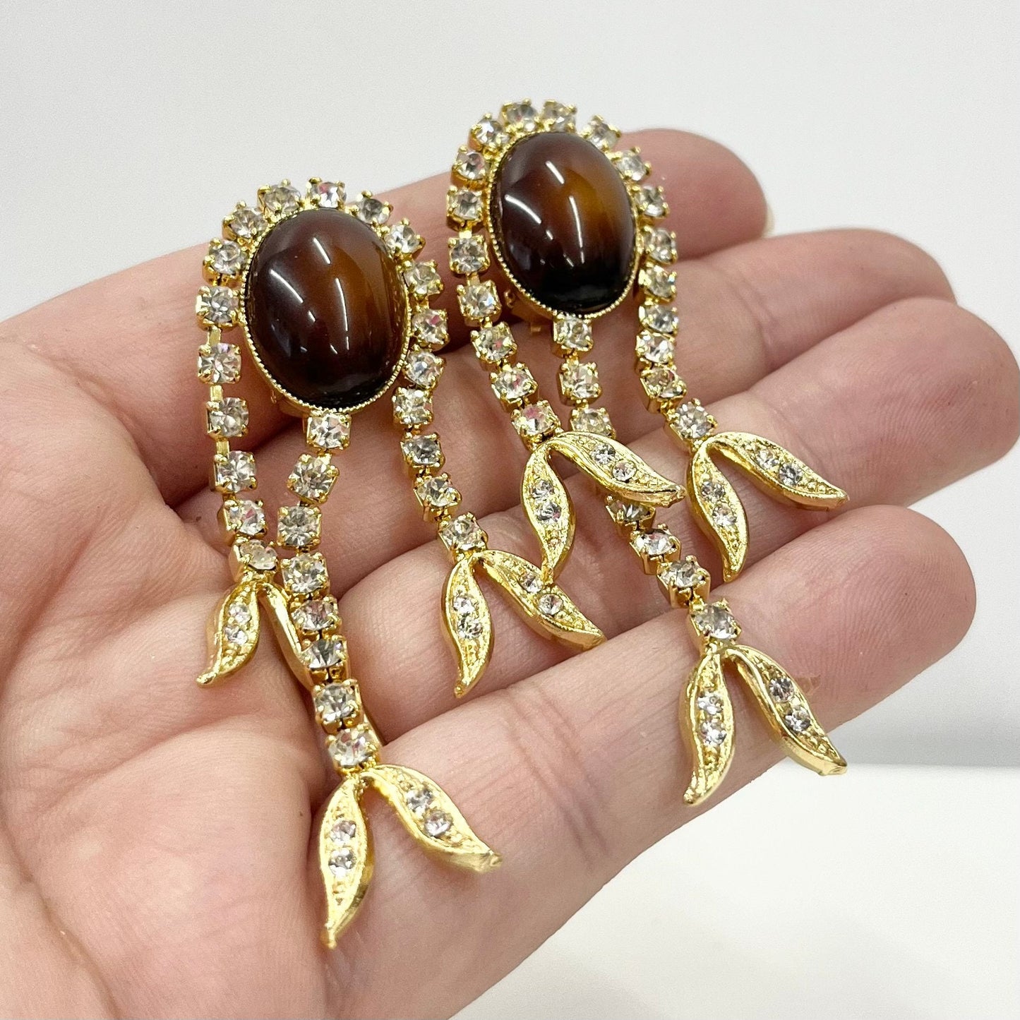 Vintage Gold Tone Faux Tigers Eye Brown Clip On Drop Earrings with Crystal Drops 1970’s - 1980’s Brand New Vintage Dead Stock TheGreenGlassGemShop