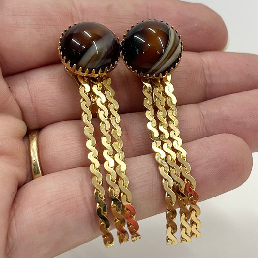 Vintage Gold Tone Faux Brown Agate Clip On Tassle Drop Earrings with Crystal Drops 1970’s - 1980’s Brand New Vintage Dead Stock TheGreenGlassGemShop