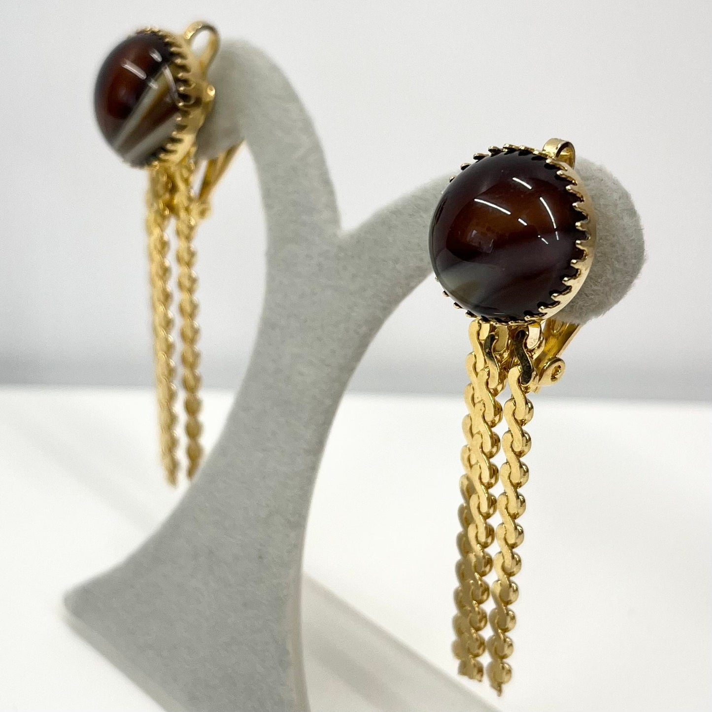 Vintage Gold Tone Faux Brown Agate Clip On Tassle Drop Earrings with Crystal Drops 1970’s - 1980’s Brand New Vintage Dead Stock TheGreenGlassGemShop