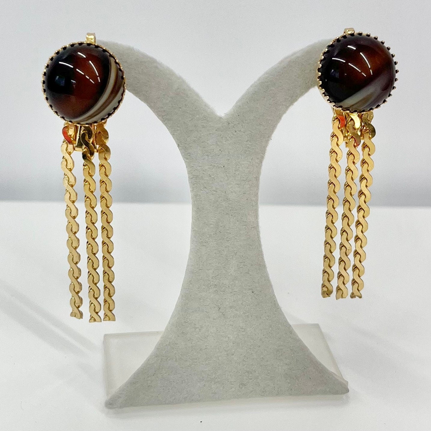 Vintage Gold Tone Faux Brown Agate Clip On Tassle Drop Earrings with Crystal Drops 1970’s - 1980’s Brand New Vintage Dead Stock TheGreenGlassGemShop