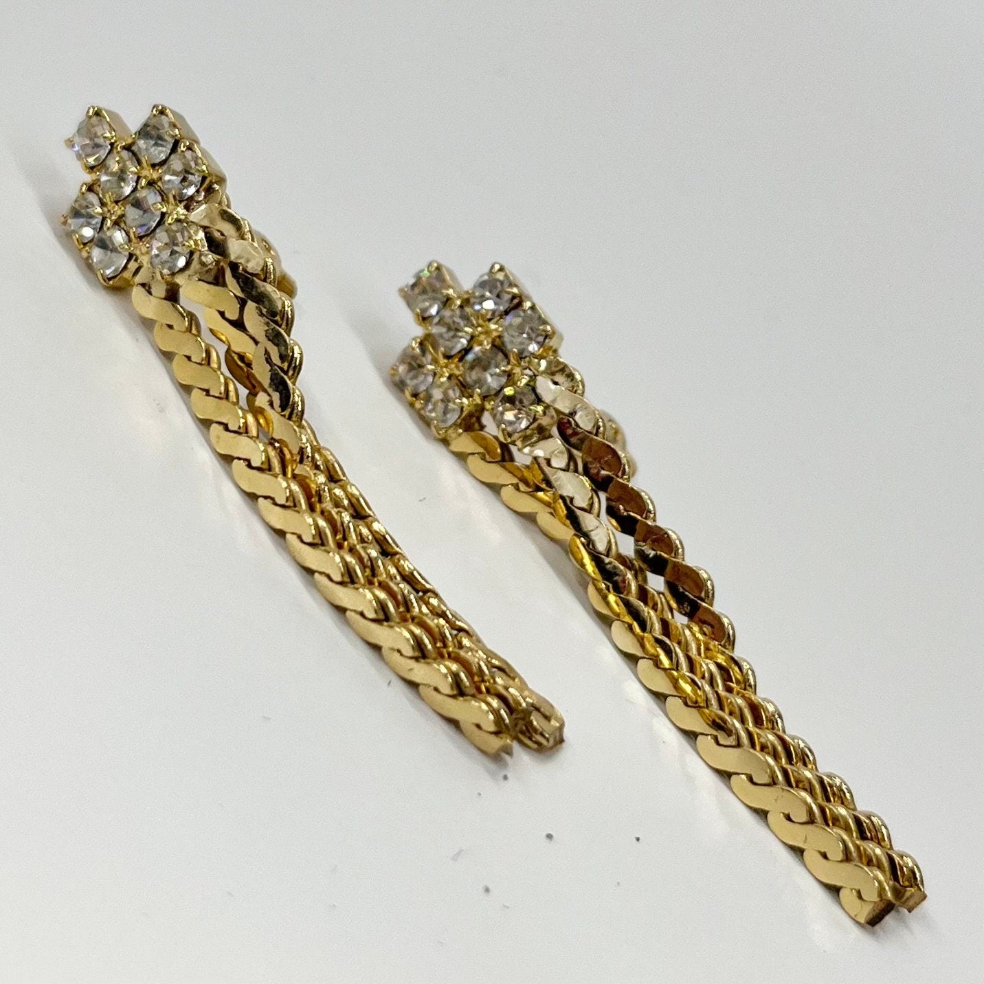 Vintage Gold Tone Tassle Drop Clip On Earrings with Clear Diamantés 1970’s - 1980’s Brand New Vintage Dead Stock TheGreenGlassGemShop