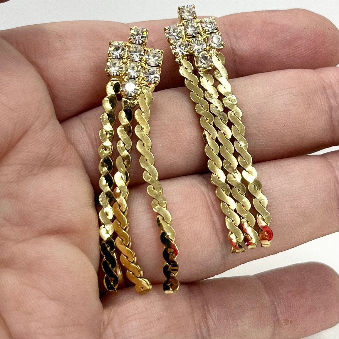 Vintage Gold Tone Tassle Drop Clip On Earrings with Clear Diamantés 1970’s - 1980’s Brand New Vintage Dead Stock TheGreenGlassGemShop