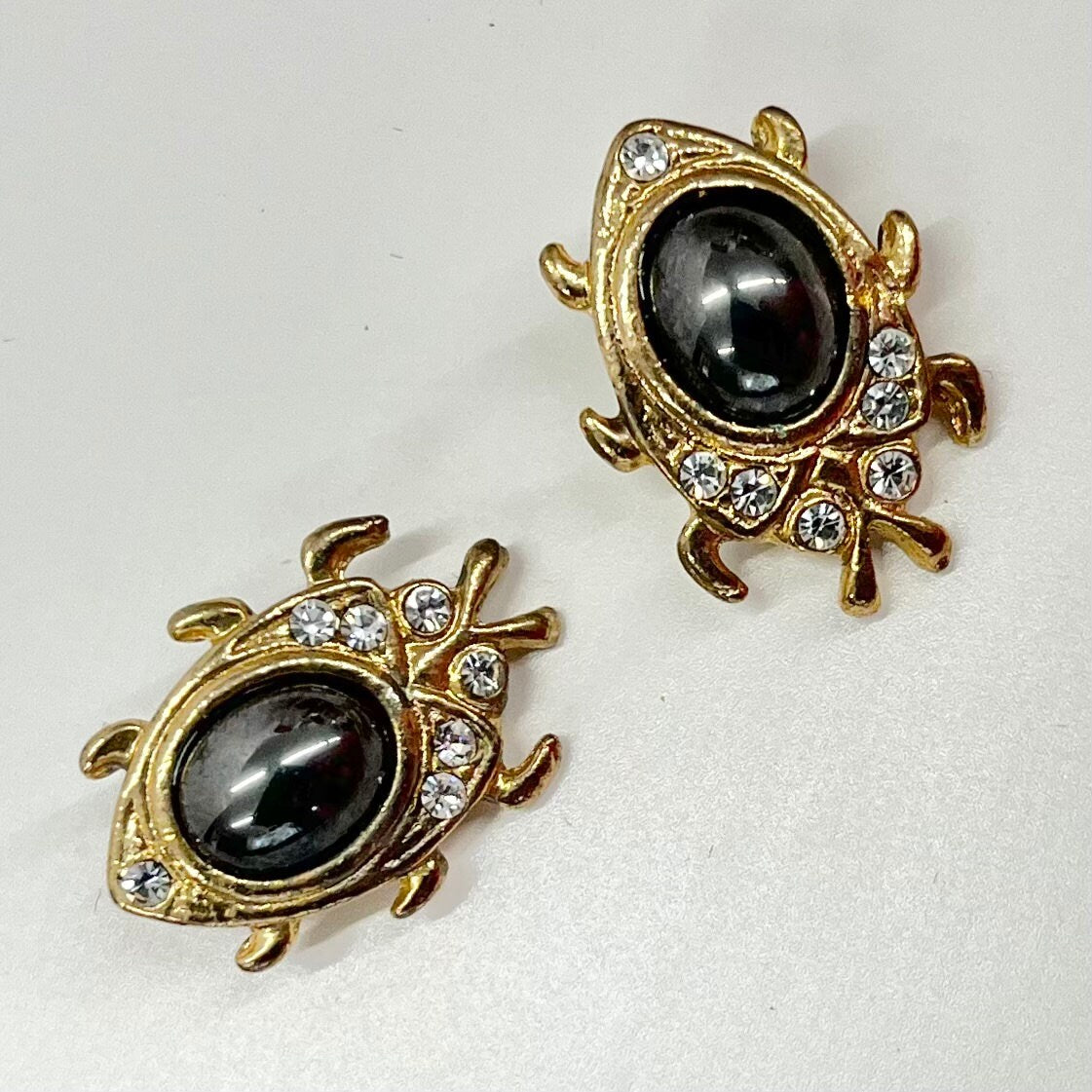 Vintage Gold Tone Large Beetle Clip On Earrings with Glass Hematite Cabochons 1970’s - 1980’s Brand New Vintage Dead Stock TheGreenGlassGemShop