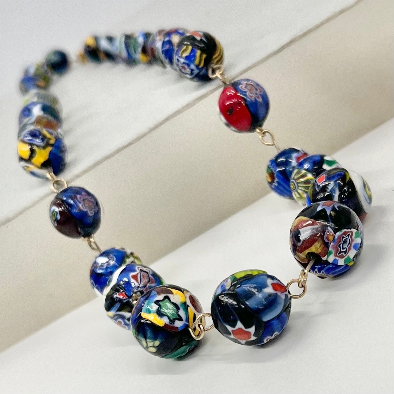 Vintage Blue Multi Coloured End Of Day Venetian Millefiori Glass Bead Necklace Murano Jewellery 17” Long TheGreenGlassGemShop