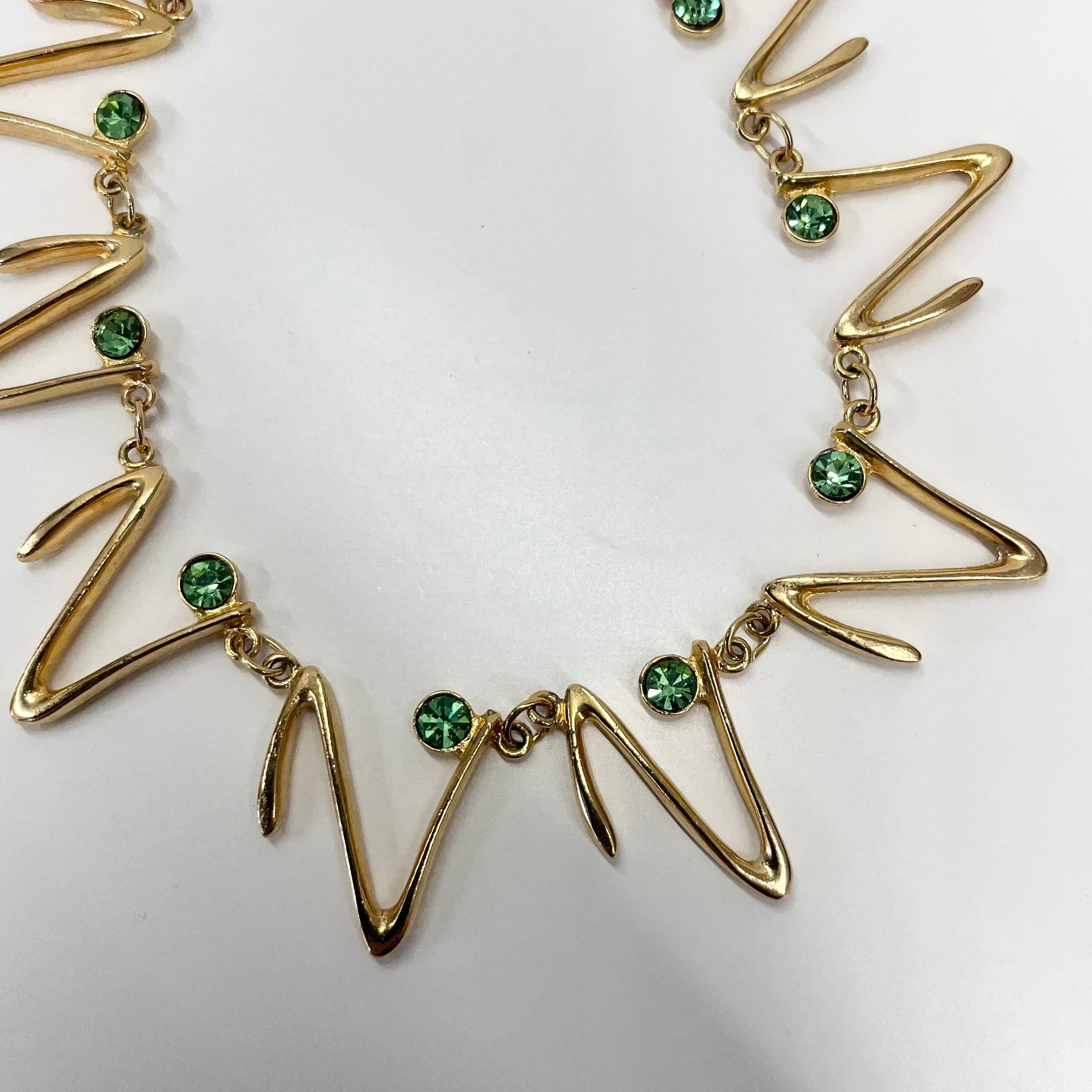 Vintage Green Uranium Glass Crystal Necklace Gold Tone Zig Zag Design UV Reactive Glow Statement Piece TheGreenGlassGemShop