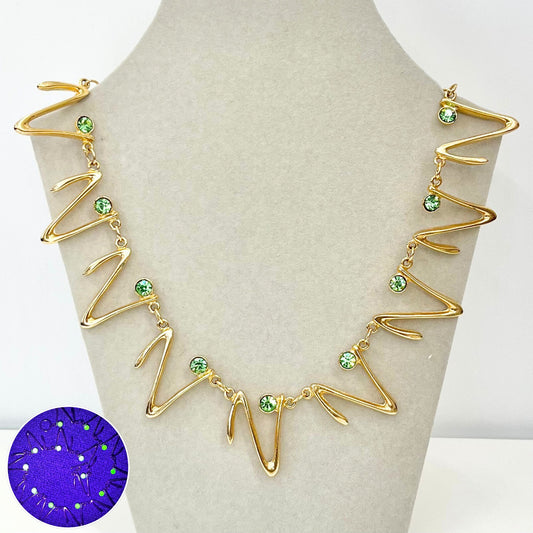 Vintage Green Uranium Glass Crystal Necklace Gold Tone Zig Zag Design UV Reactive Glow Statement Piece TheGreenGlassGemShop