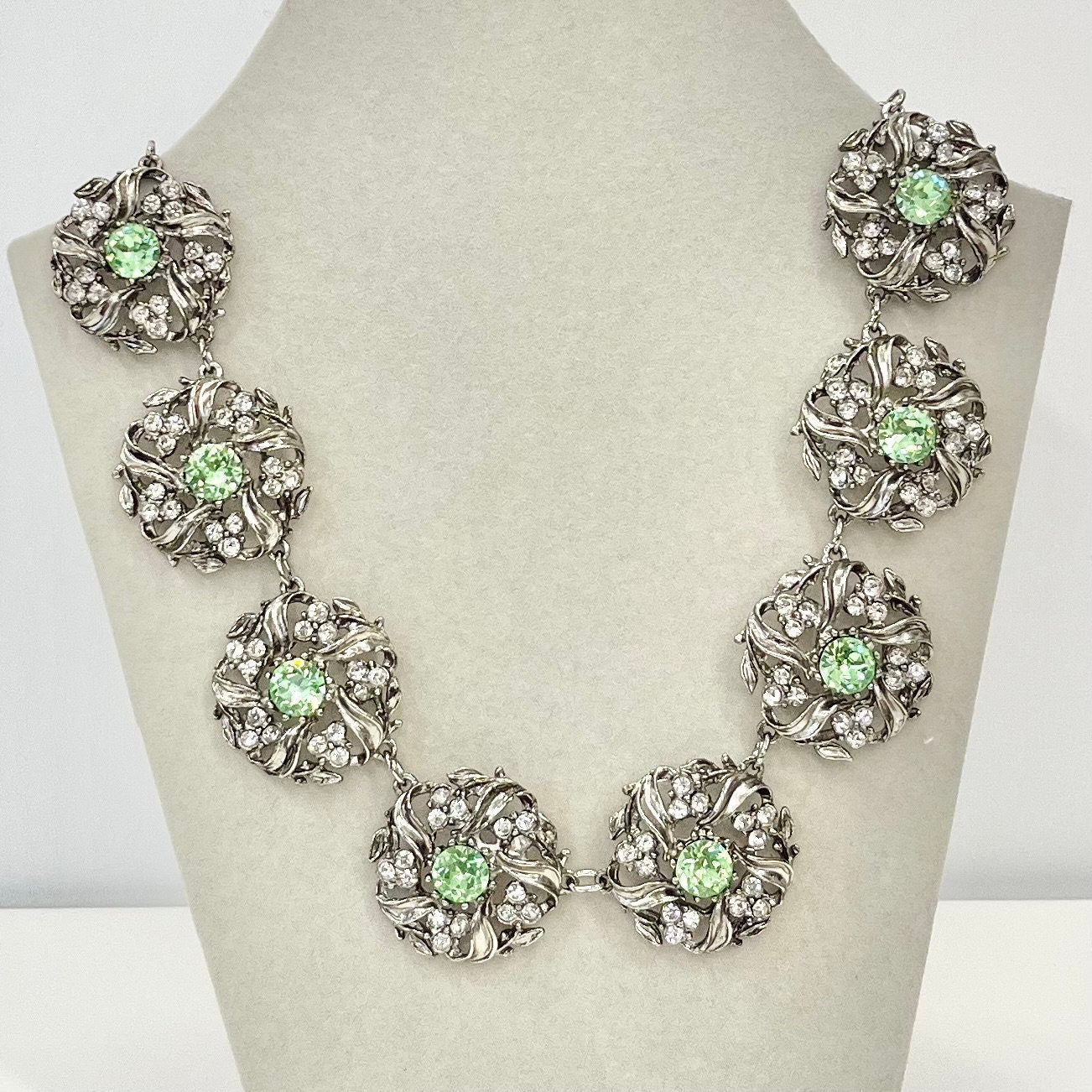 Vintage Sparkling Green Uranium Crystal Necklace Victorian Collar Style Silver Plated Setting UV Reactive Glowing Jewellery TheGreenGlassGemShop