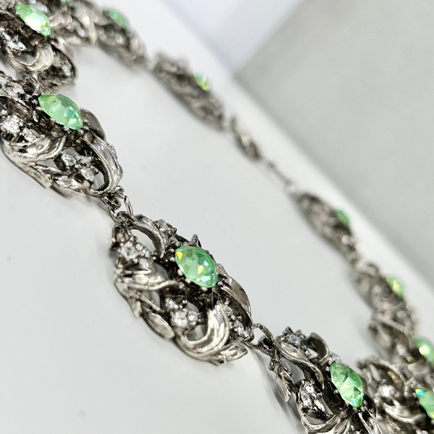 Vintage Sparkling Green Uranium Crystal Necklace Victorian Collar Style Silver Plated Setting UV Reactive Glowing Jewellery TheGreenGlassGemShop