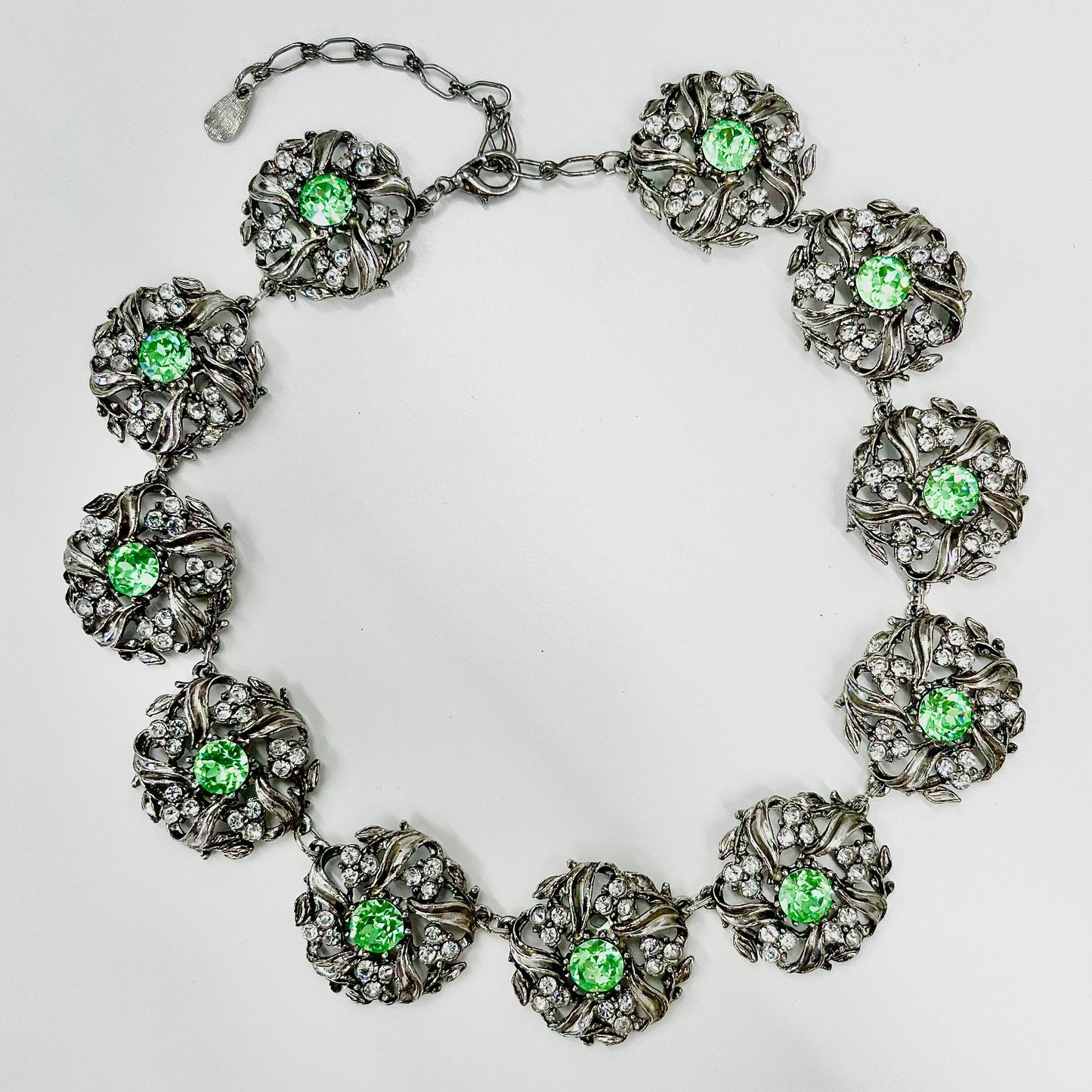 Vintage Sparkling Green Uranium Crystal Necklace Victorian Collar Style Silver Plated Setting UV Reactive Glowing Jewellery TheGreenGlassGemShop