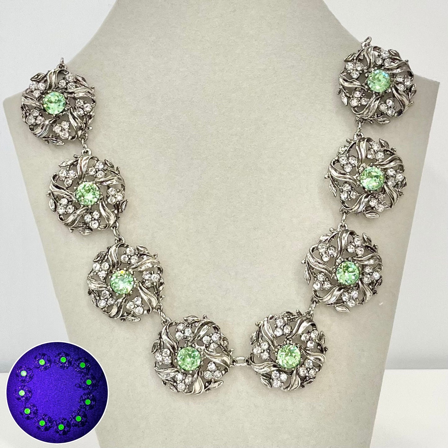 Vintage Sparkling Green Uranium Crystal Necklace Victorian Collar Style Silver Plated Setting UV Reactive Glowing Jewellery TheGreenGlassGemShop