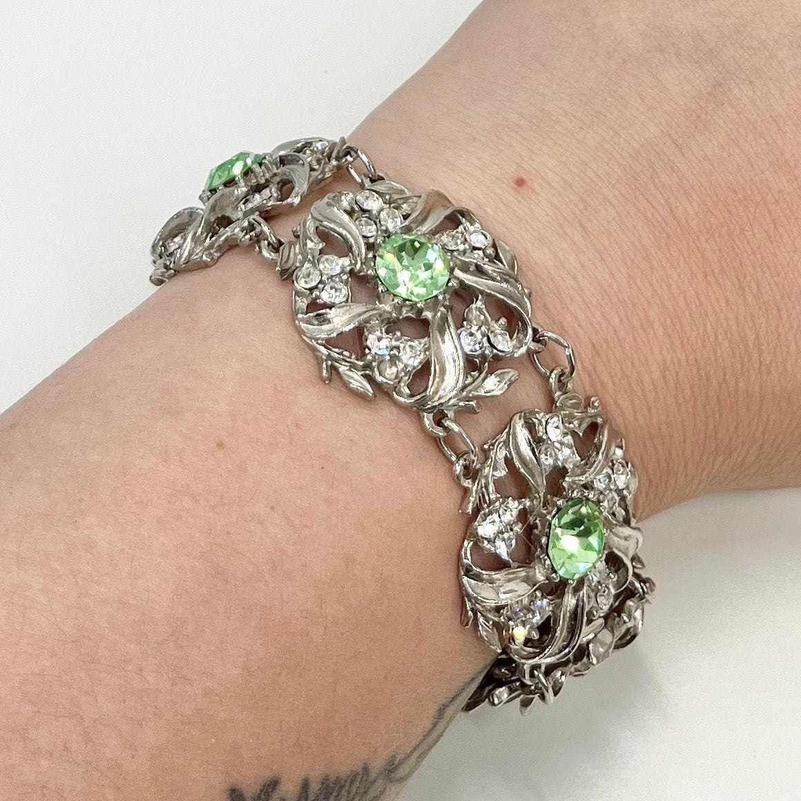 Vintage Sparkling Green Uranium Crystal Bracelet Victorian Style Silver Plated Setting UV Reactive Glowing Statement Jewellery TheGreenGlassGemShop