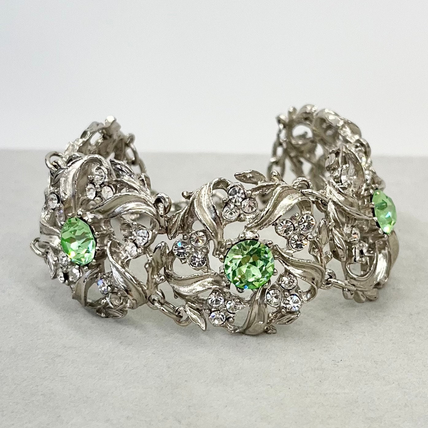 Vintage Sparkling Green Uranium Crystal Bracelet Victorian Style Silver Plated Setting UV Reactive Glowing Statement Jewellery TheGreenGlassGemShop