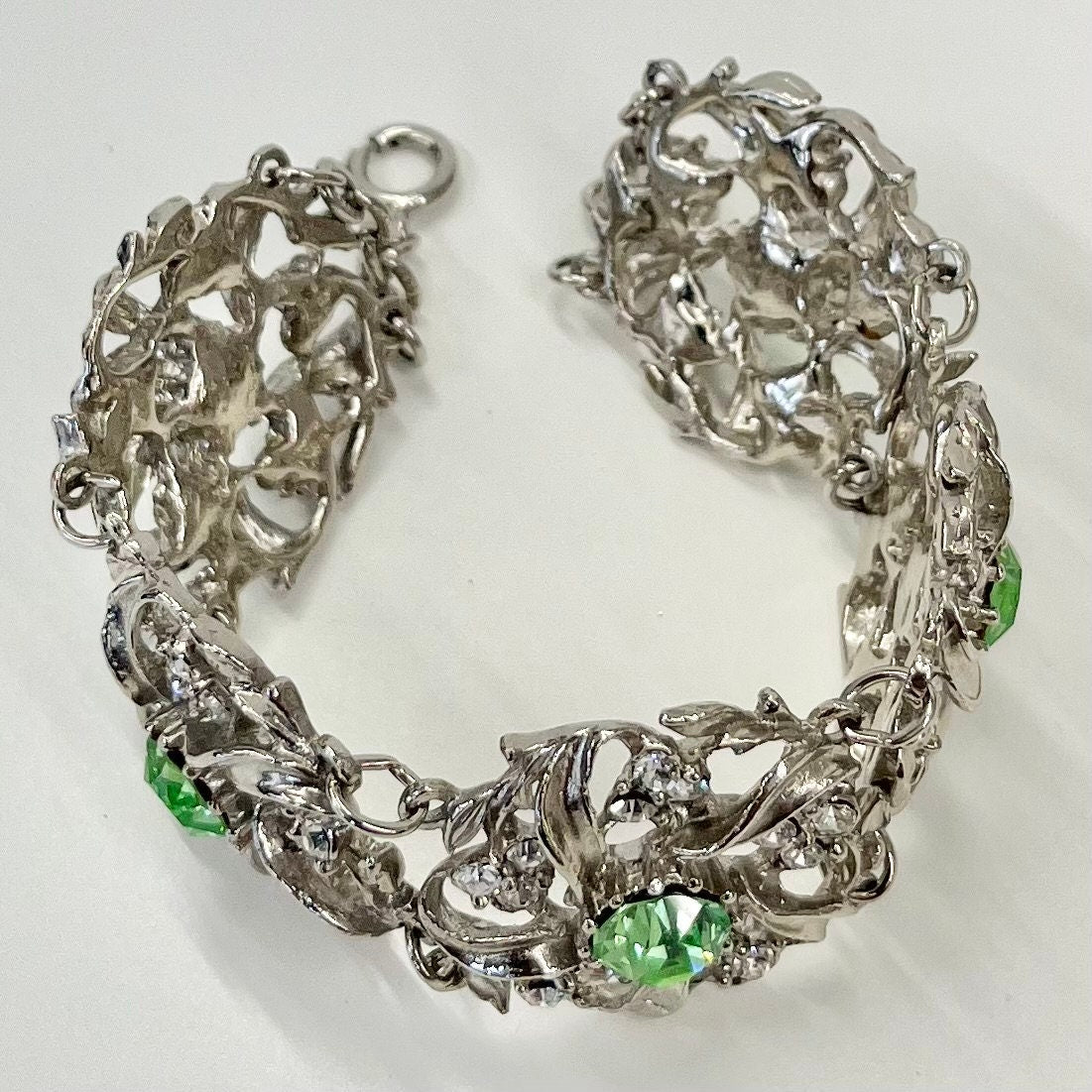 Vintage Sparkling Green Uranium Crystal Bracelet Victorian Style Silver Plated Setting UV Reactive Glowing Statement Jewellery TheGreenGlassGemShop