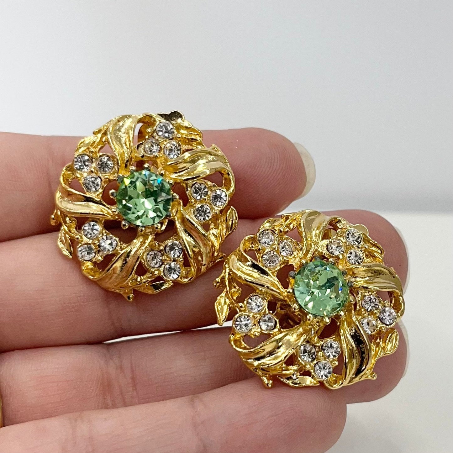 Vintage Green Uranium Crystal Clip On Earrings Victorian Style Gold Plated Setting UV Reactive Glowing Statement Jewellery TheGreenGlassGemShop