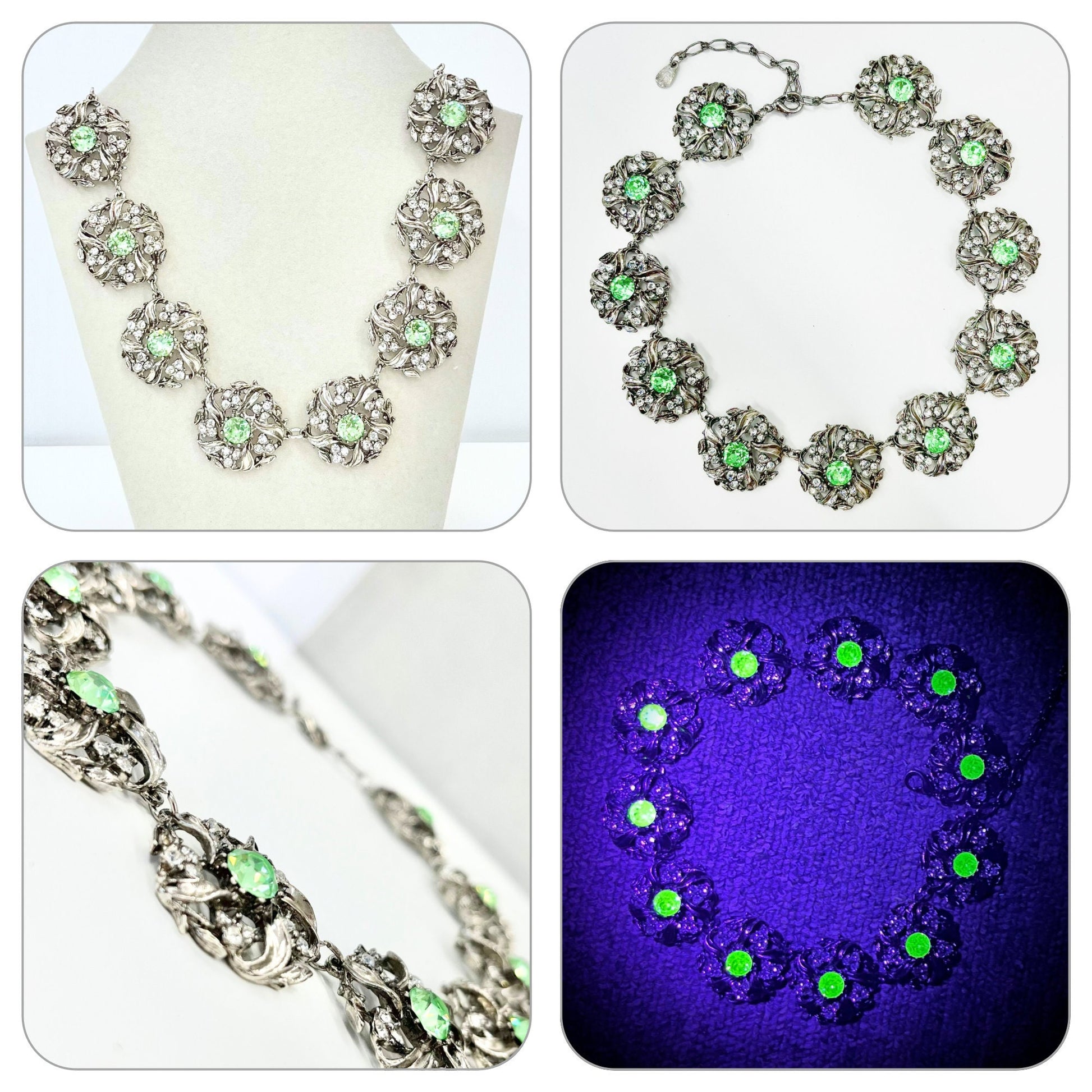 Vintage Sparkling Green Uranium Crystal Necklace Victorian Collar Style Silver Plated Setting UV Reactive Glowing Jewellery TheGreenGlassGemShop