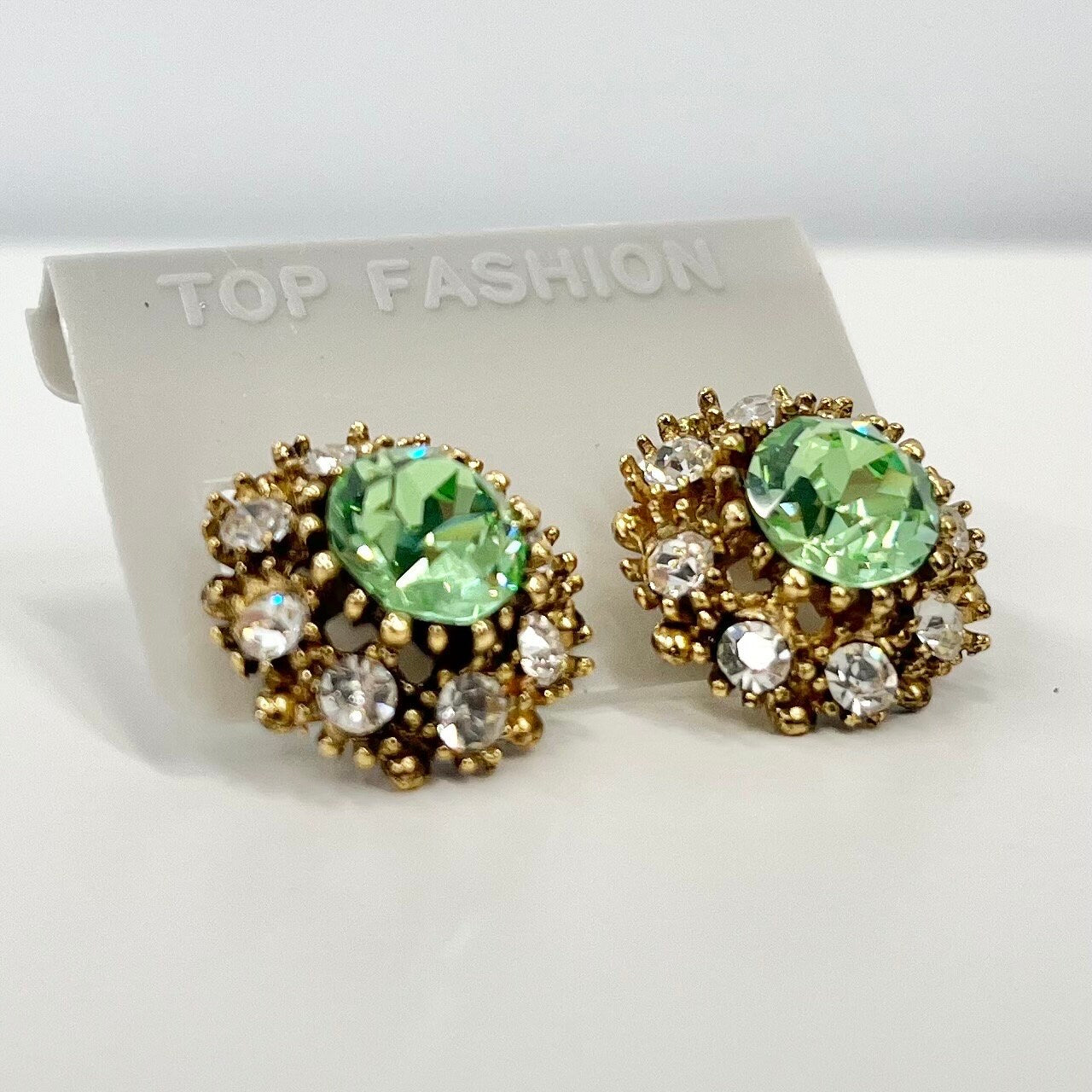 Vintage Green Uranium Crystal Clip On Earrings with a Clear Crystal Halo Gold Plated Setting UV Reactive Glowing Statement Jewellery TheGreenGlassGemShop