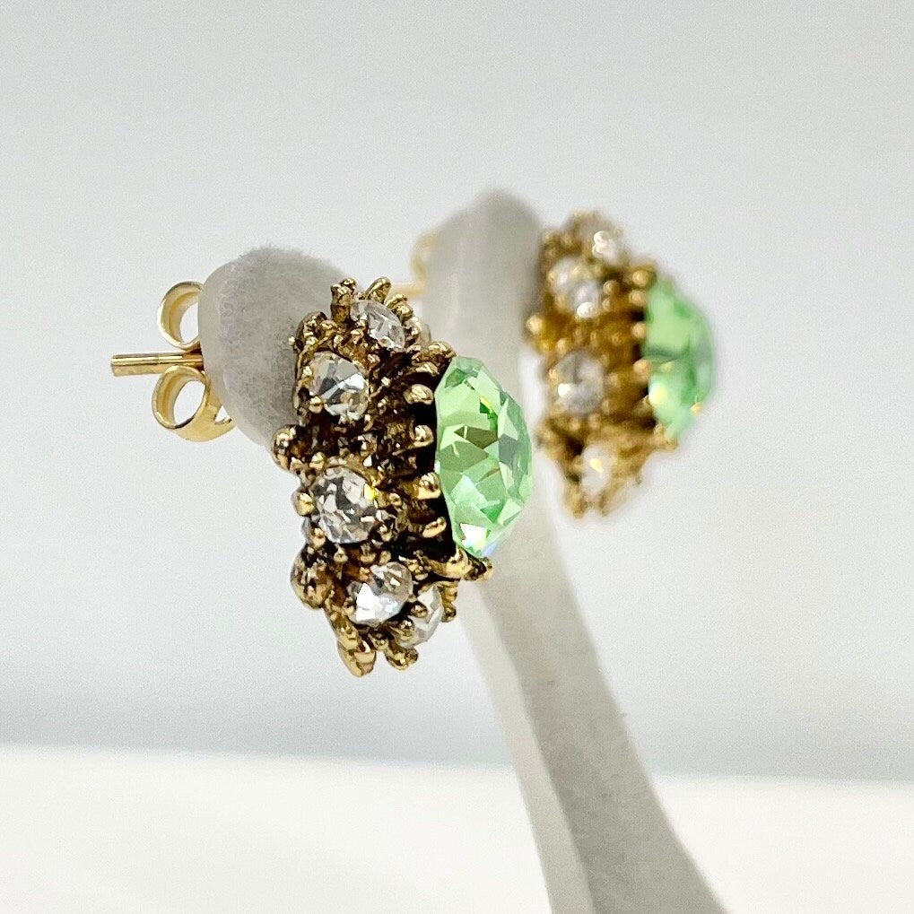 Vintage Green Uranium Crystal Clip On Earrings with a Clear Crystal Halo Gold Plated Setting UV Reactive Glowing Statement Jewellery TheGreenGlassGemShop