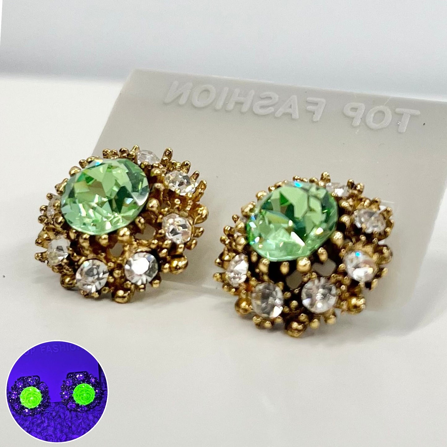 Vintage Green Uranium Crystal Clip On Earrings with a Clear Crystal Halo Gold Plated Setting UV Reactive Glowing Statement Jewellery TheGreenGlassGemShop