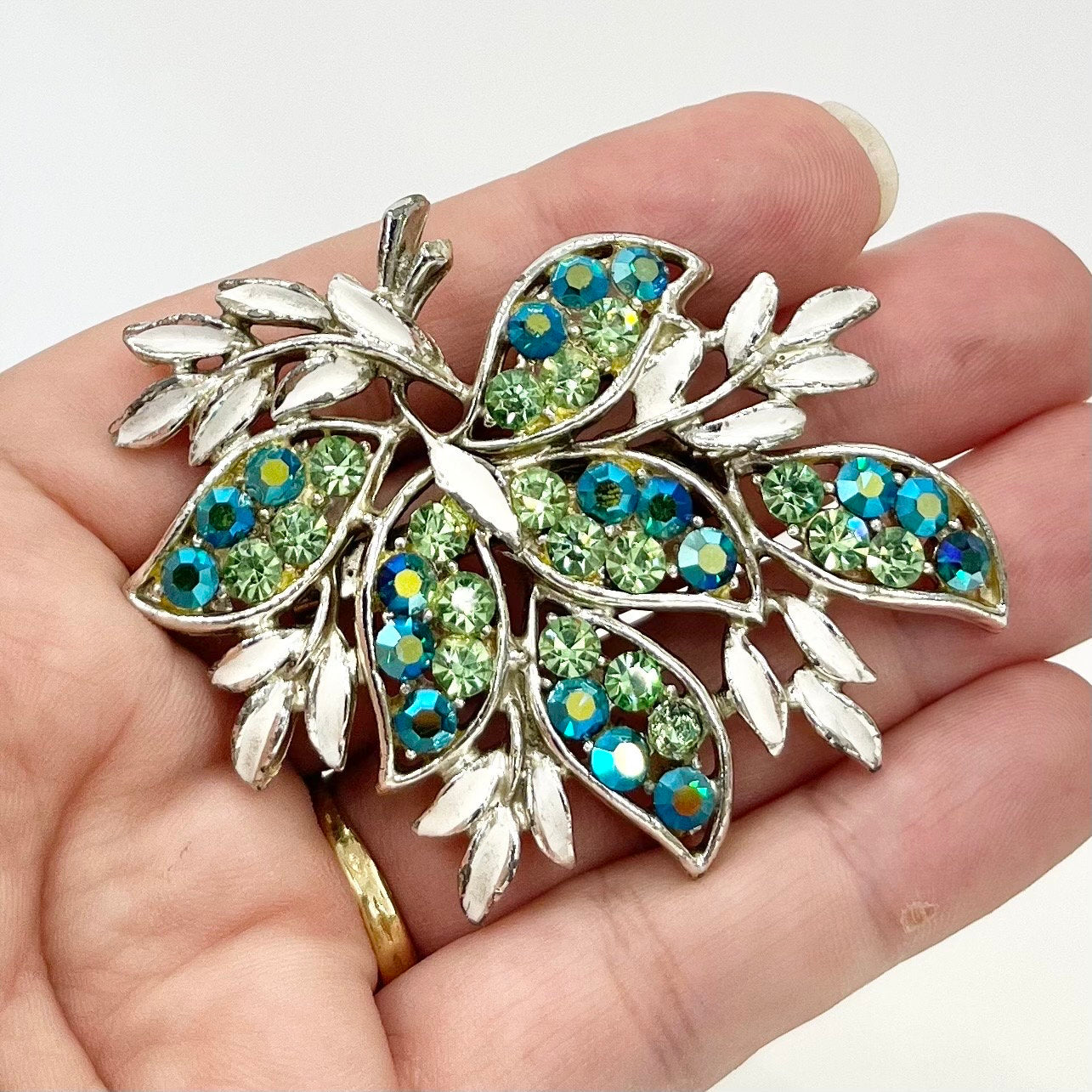 Large Vintage Green Uranium Glass Crystal Leaf Spray Brooch Silver Tone with White Enamel Leaves and a UV Reactive Glow TheGreenGlassGemShop