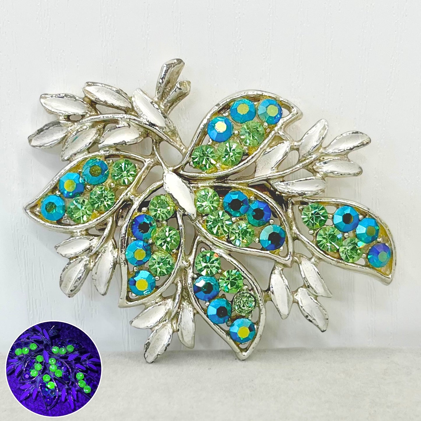 Large Vintage Green Uranium Glass Crystal Leaf Spray Brooch Silver Tone with White Enamel Leaves and a UV Reactive Glow TheGreenGlassGemShop