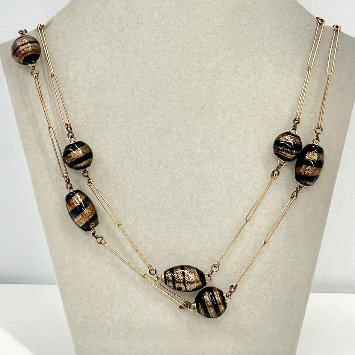 Vintage Black Gold Aventurine Lampwork Glass Bead Necklace with Copper Tone Links 44” Long Stunning Handmade Lampwork Beads TheGreenGlassGemShop