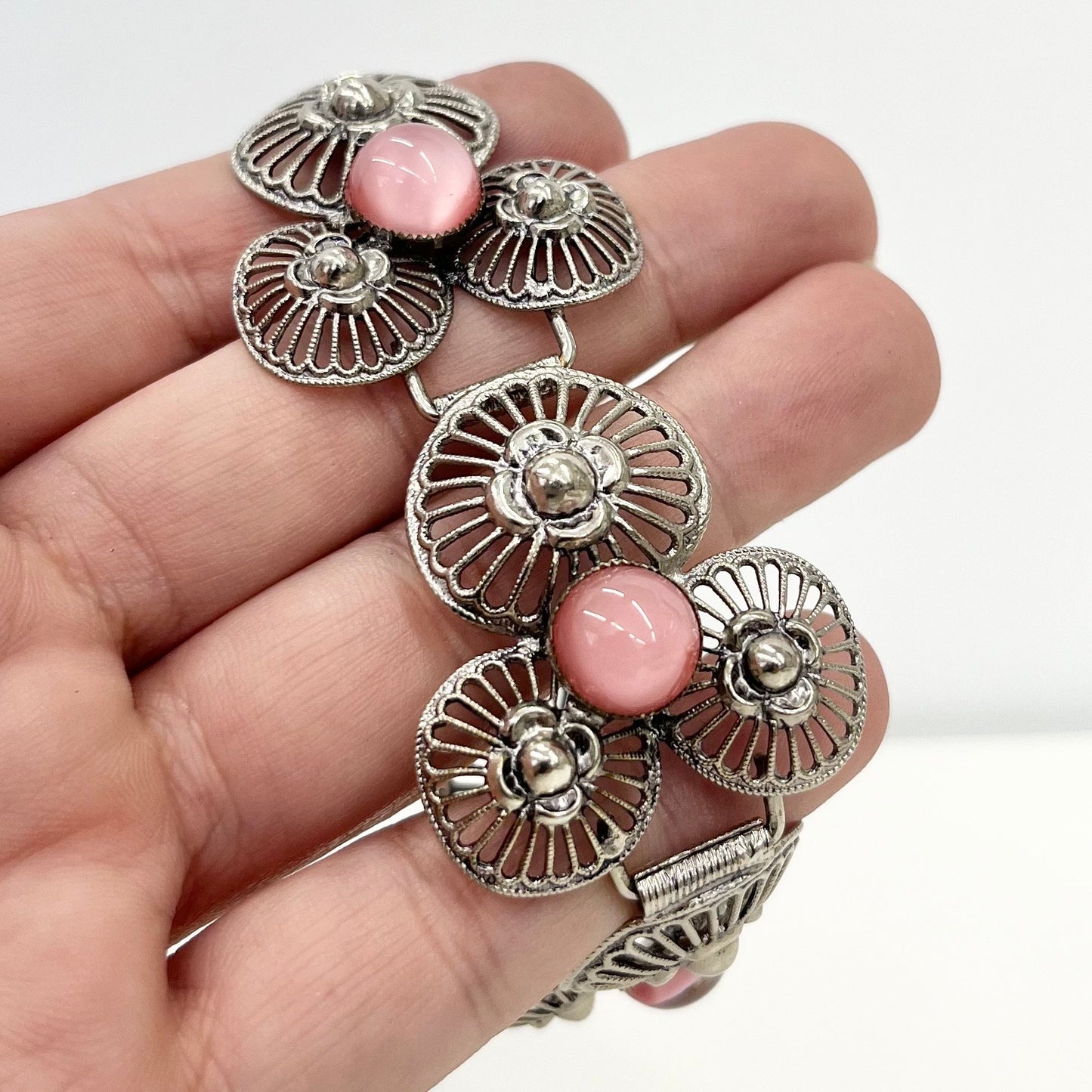 Vintage Silver Tone 1970’s 1980’s Wide Filigree Pink Moonstone Glass Cabochon Bracelet Costume Jewellery 7” TheGreenGlassGemShop