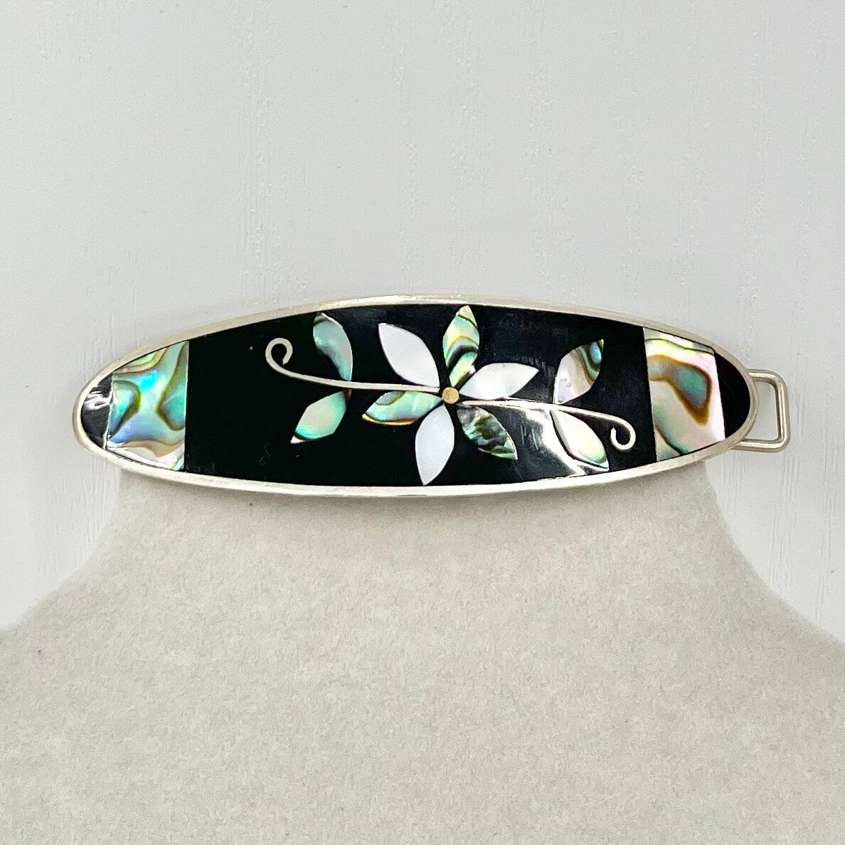 Vintage Mexican Silver Mother Of Pearl / Abalone Shell Inlaid Flower Hair Grip Clip TheGreenGlassGemShop