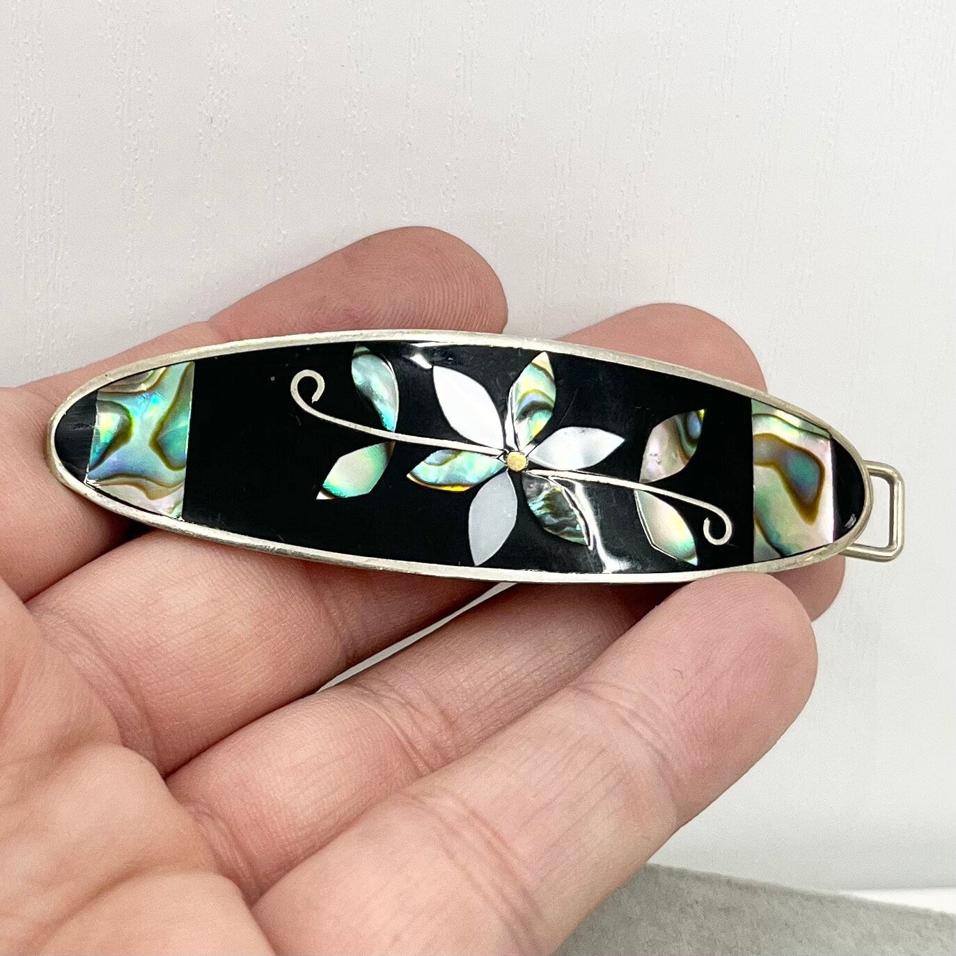 Vintage Mexican Silver Mother Of Pearl / Abalone Shell Inlaid Flower Hair Grip Clip TheGreenGlassGemShop