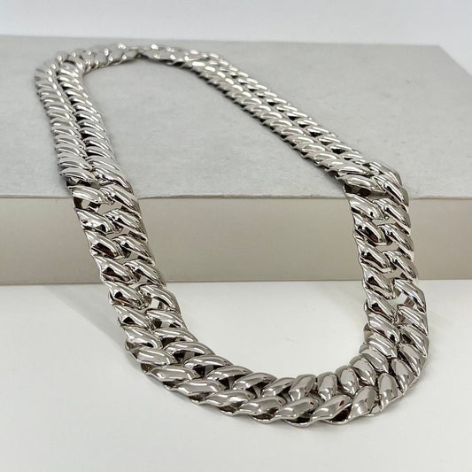 Vintage Wide Silver Plate Flat Link Chain Necklace 1970’s - 1980’s TheGreenGlassGemShop