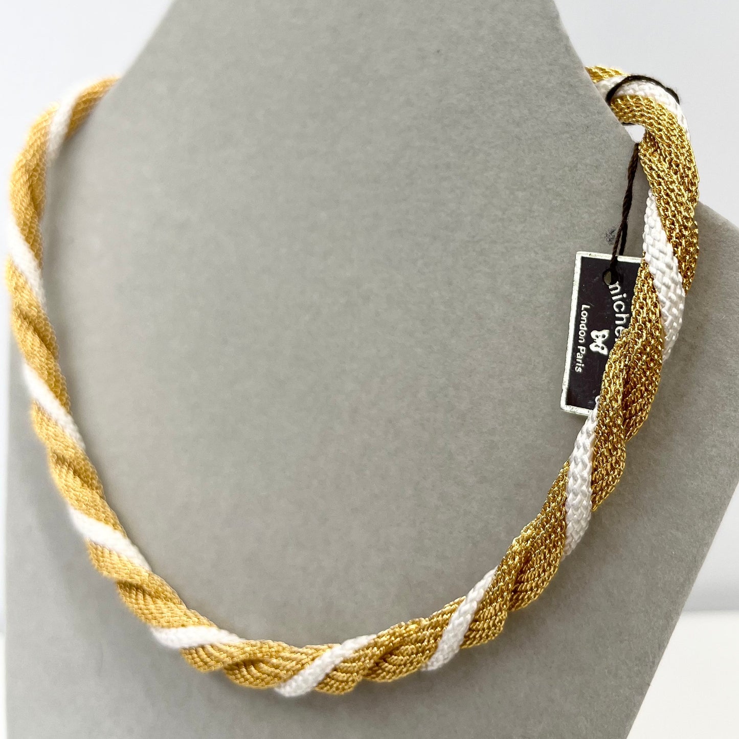 Vintage Michelle Rene 15” Gold Plated Gold Knit & White Cord Chain Necklace 1970’s - 1980’s Statement Power Chain TheGreenGlassGemShop