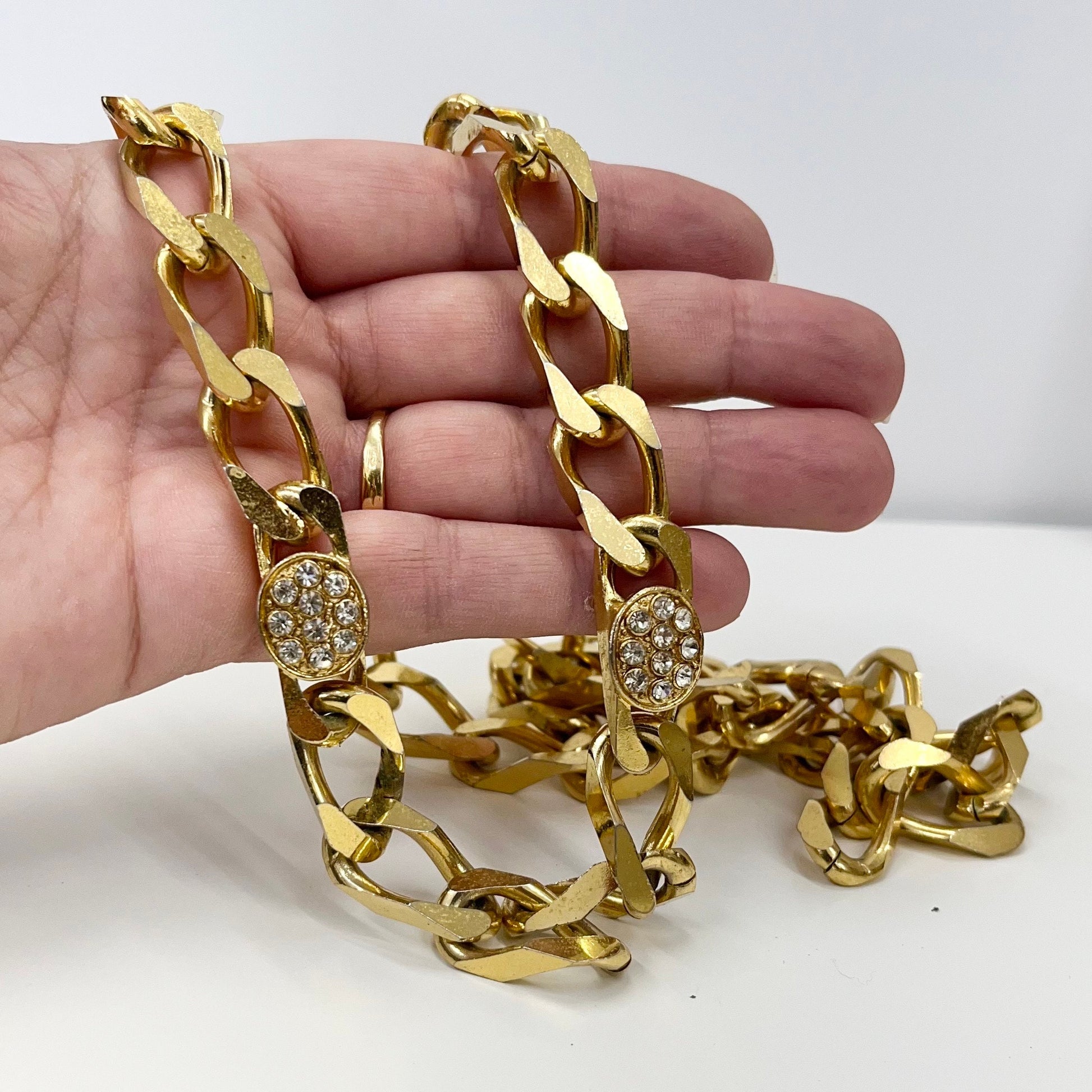 Vintage 32” Long Gold Plated Super Chunky Flat Curb Chain Necklace 1980’s Statement Power Chain Heavy Mr-T Style with Crystal Accents TheGreenGlassGemShop